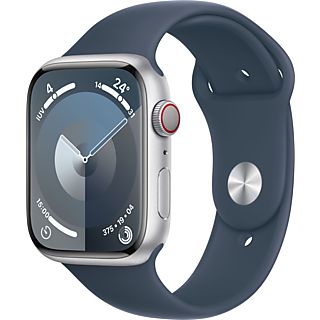 Apple Watch Series 9 (2023), GPS+CELL, 45 mm, Gesto de doble toque, Caja de aluminio plata, Correa deportiva azul tempestad, Talla M/L