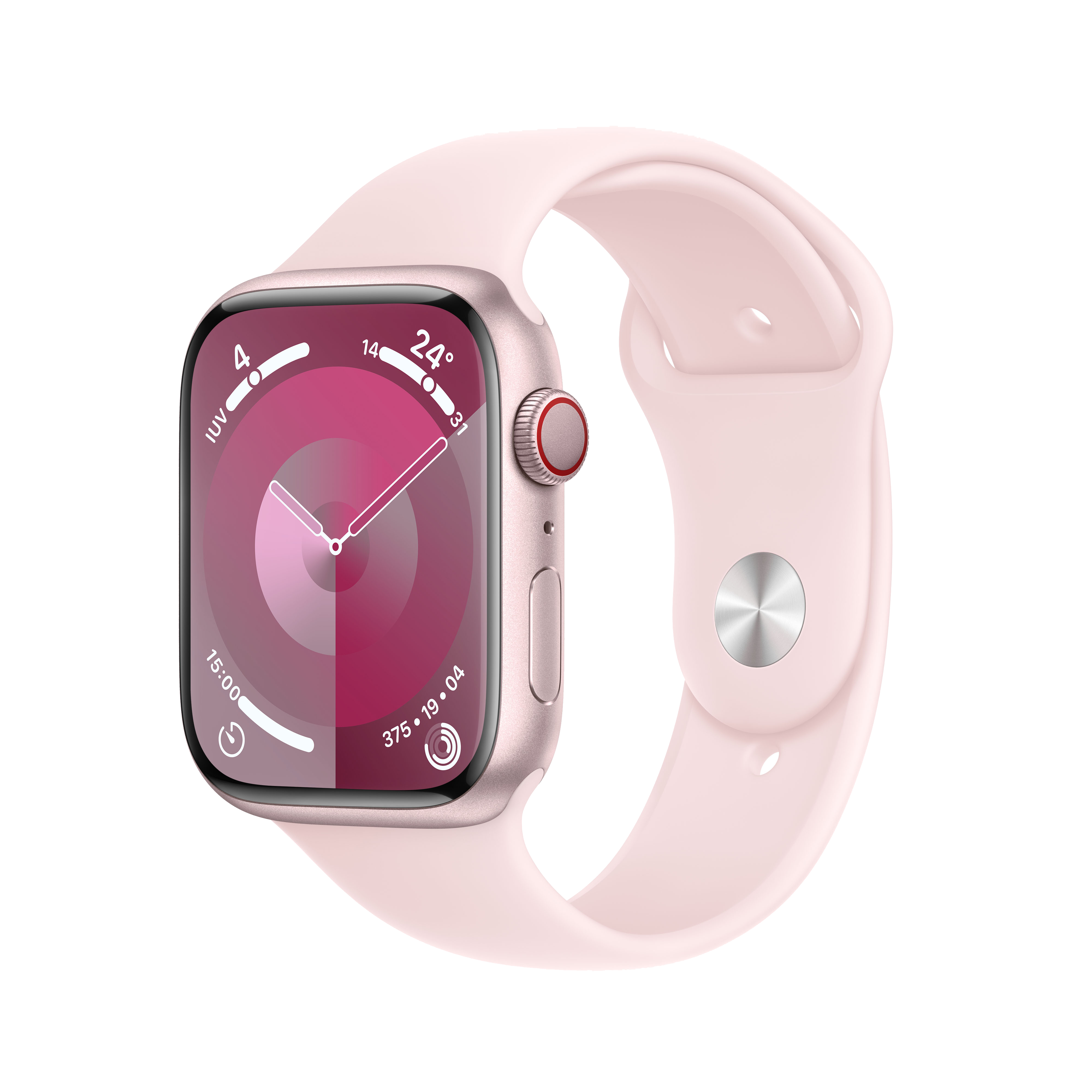Un Apple Watch rosa con correa rosa, mostrando una interfaz rosa y blanca.