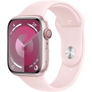 REACONDICIONADO B: Apple Watch Series 9 (2023), GPS+CELL, 45 mm, Gesto de doble toque, Caja de aluminio rosa, Correa deportiva rosa, Talla S/M