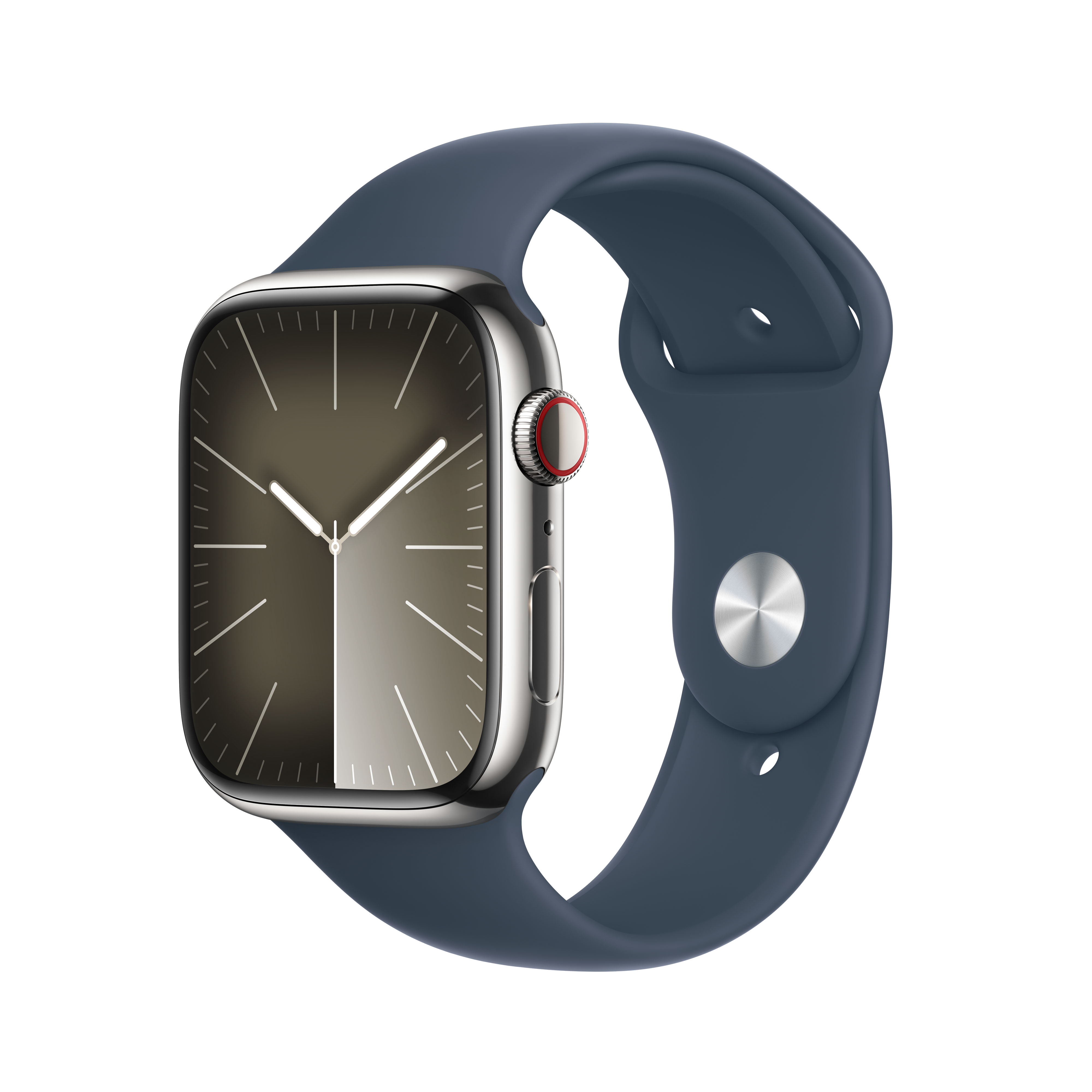Un Apple Watch plateado con correa azul oscuro sobre fondo negro.