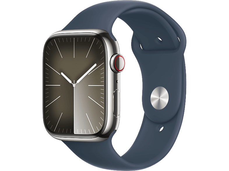 Apple Watch Series 9 (2023), GPS+CELL, 45 mm, Gesto de doble toque, Caja acero inoxidable plata, Correa deportiva azul tempestad, Talla M/L