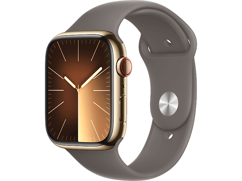 Apple Watch Series 9 (2023), GPS+CELL, 45 mm, Gesto de doble toque, Caja acero inoxidable oro, Correa deportiva arcilla, Talla S/M