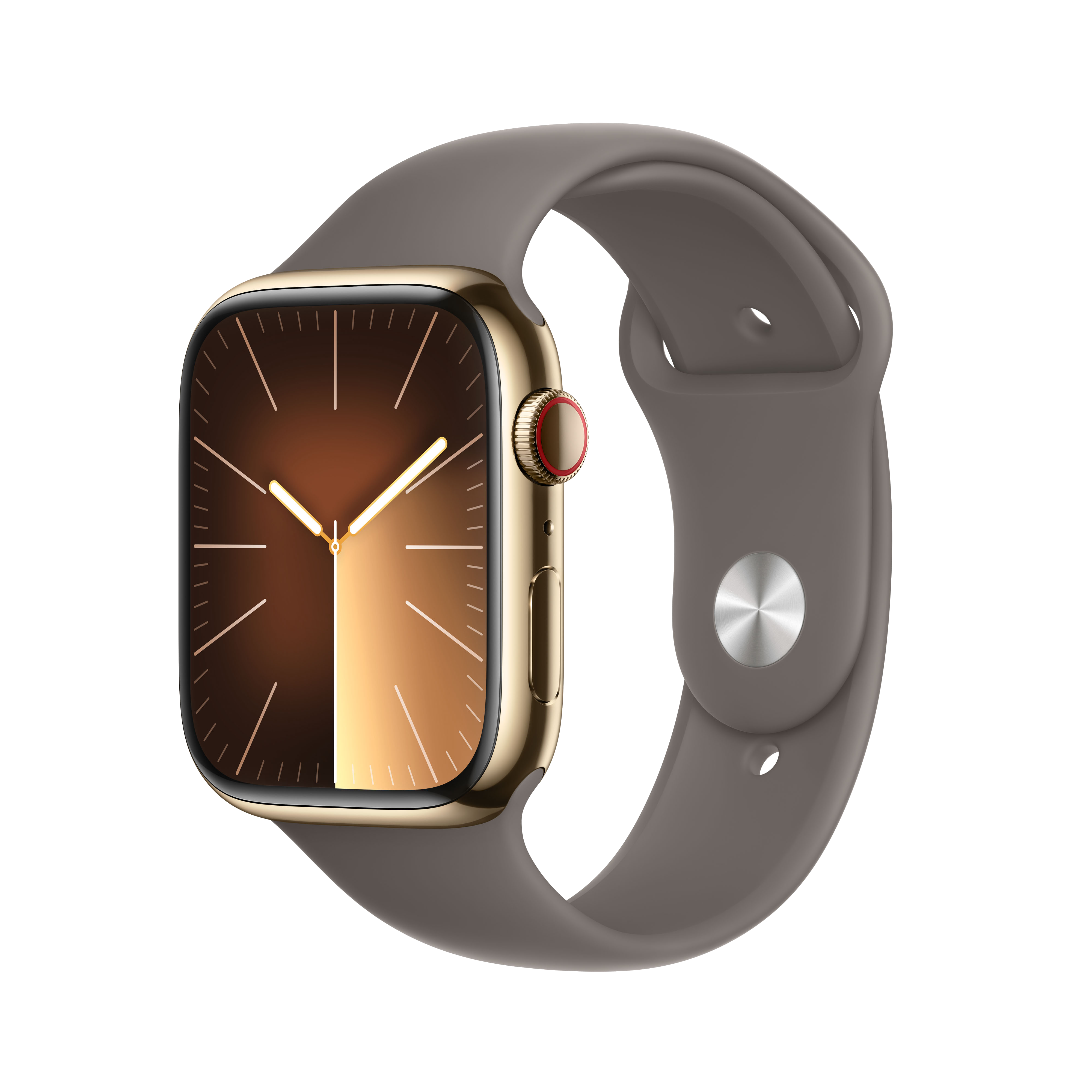 Un Apple Watch con caja dorada y correa gris.