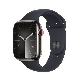 Apple Watch Series 9 (2023), GPS+CELL, 45 mm, Gesto de doble toque, Caja de acero inoxidable grafito, Correa deportiva medianoche, Talla S/M
