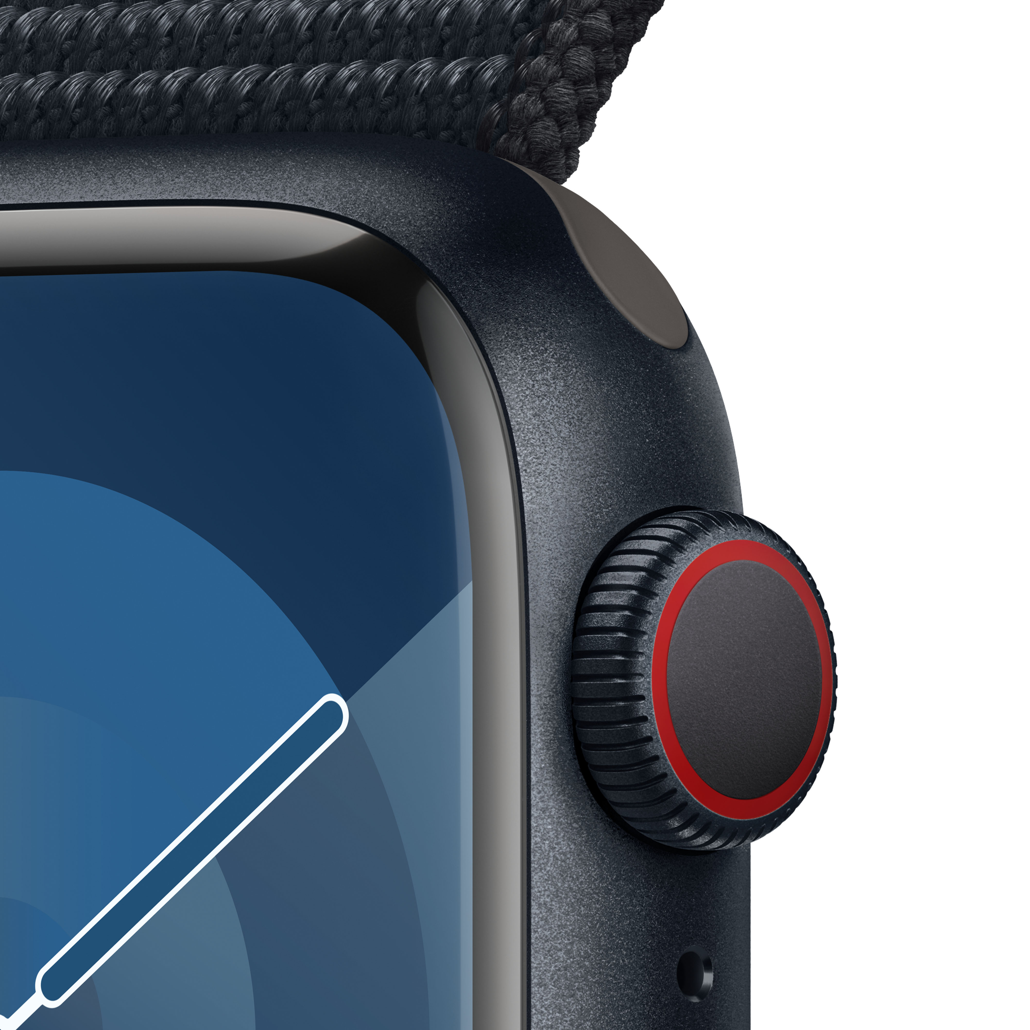 Primer plano del Apple Watch, caja negra, corona digital con anillo rojo y correa.