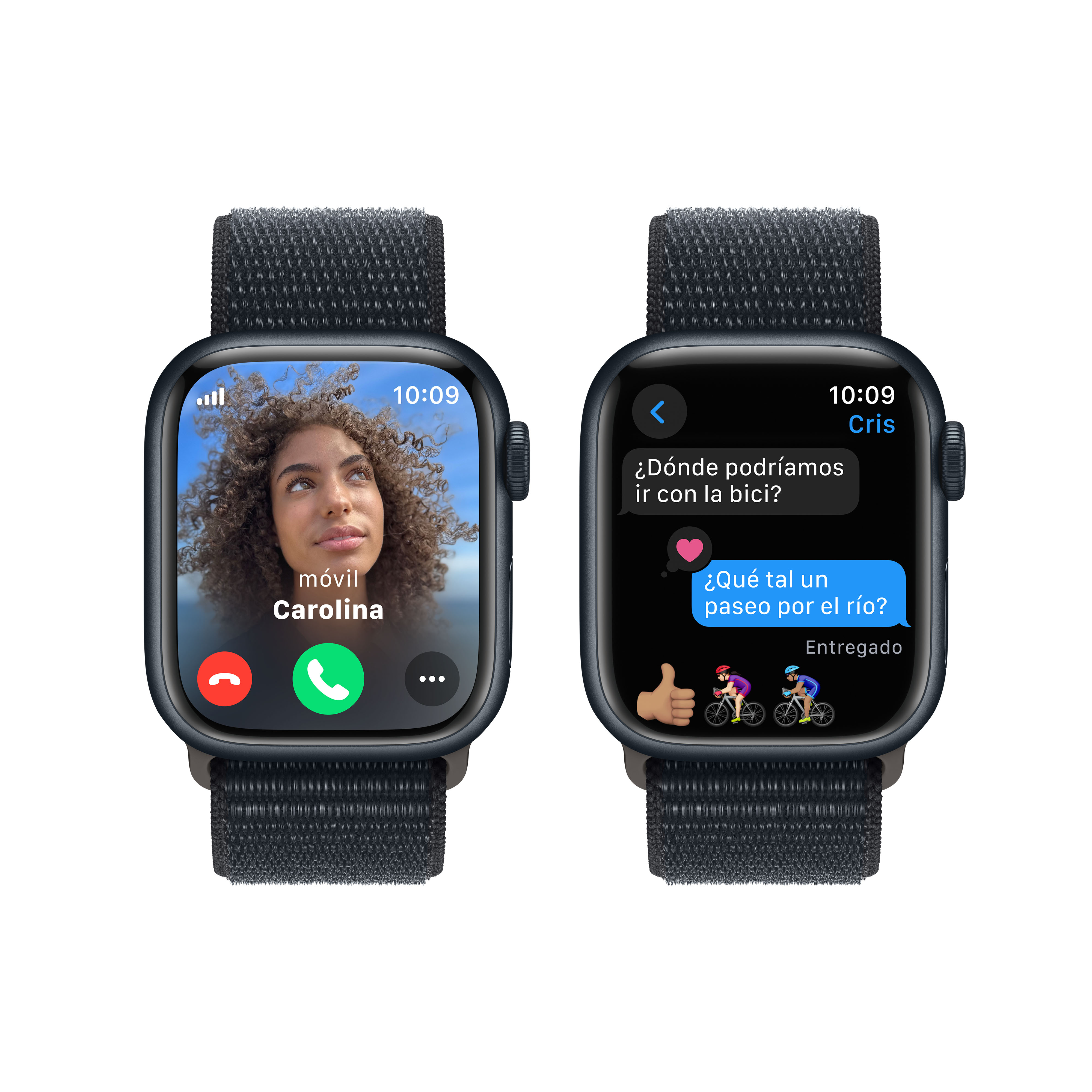 Dos Apple Watches. Uno muestra a una mujer en videollamada, el otro una conversación de texto sobre ir en bicicleta.