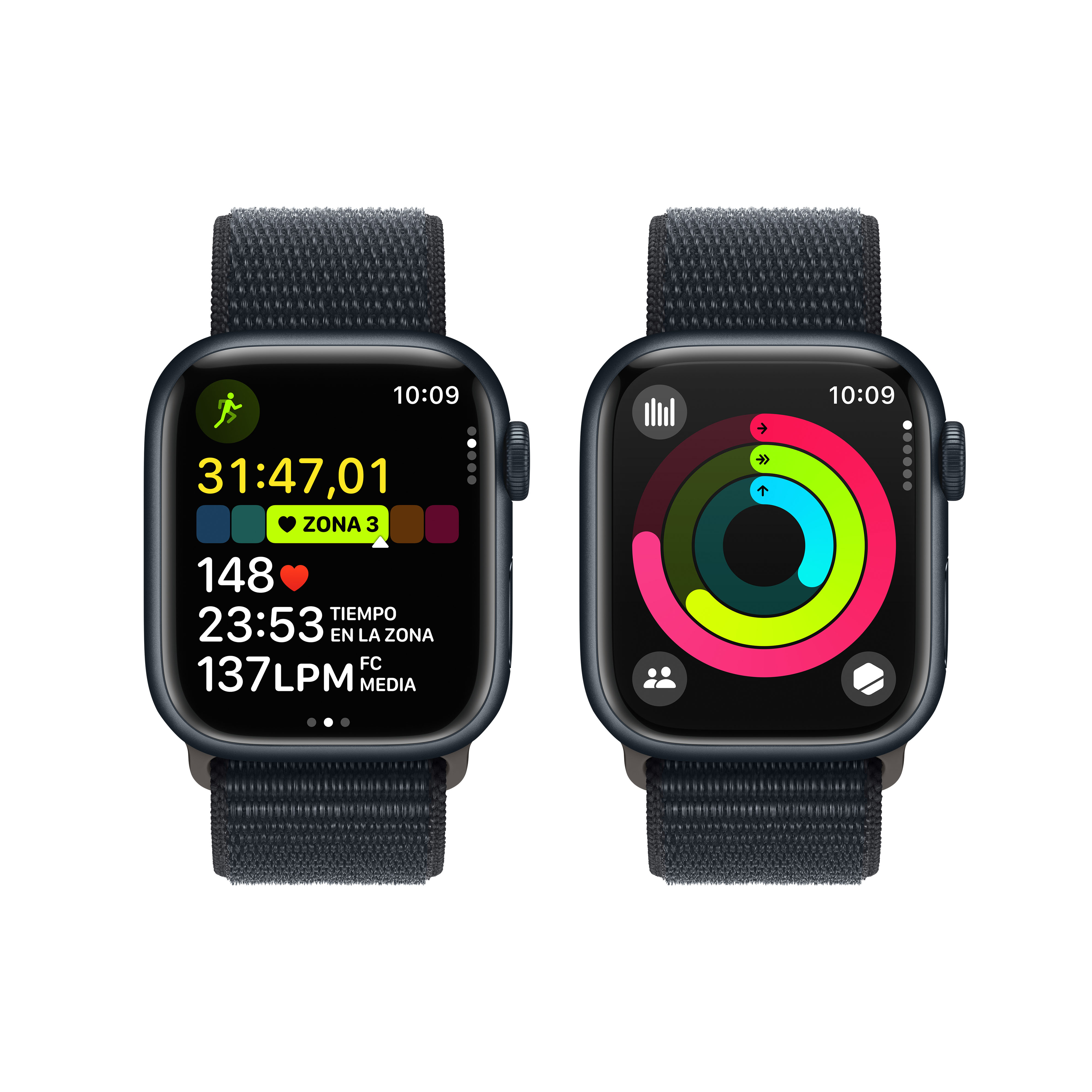Dos Apple Watches, mostrando la esfera del reloj con datos de fitness a la izquierda y anillos de actividad a la derecha.