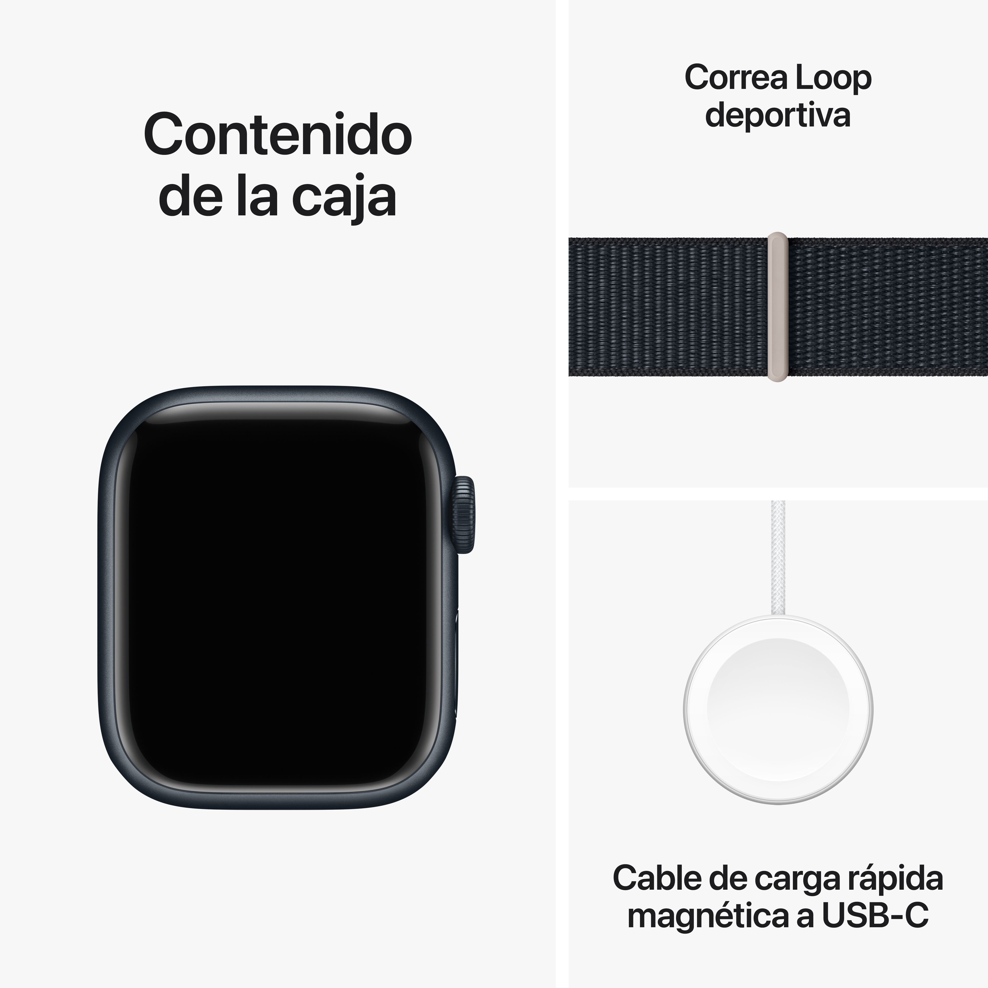 Un Apple Watch con correa, cargador y el contenido de la caja.