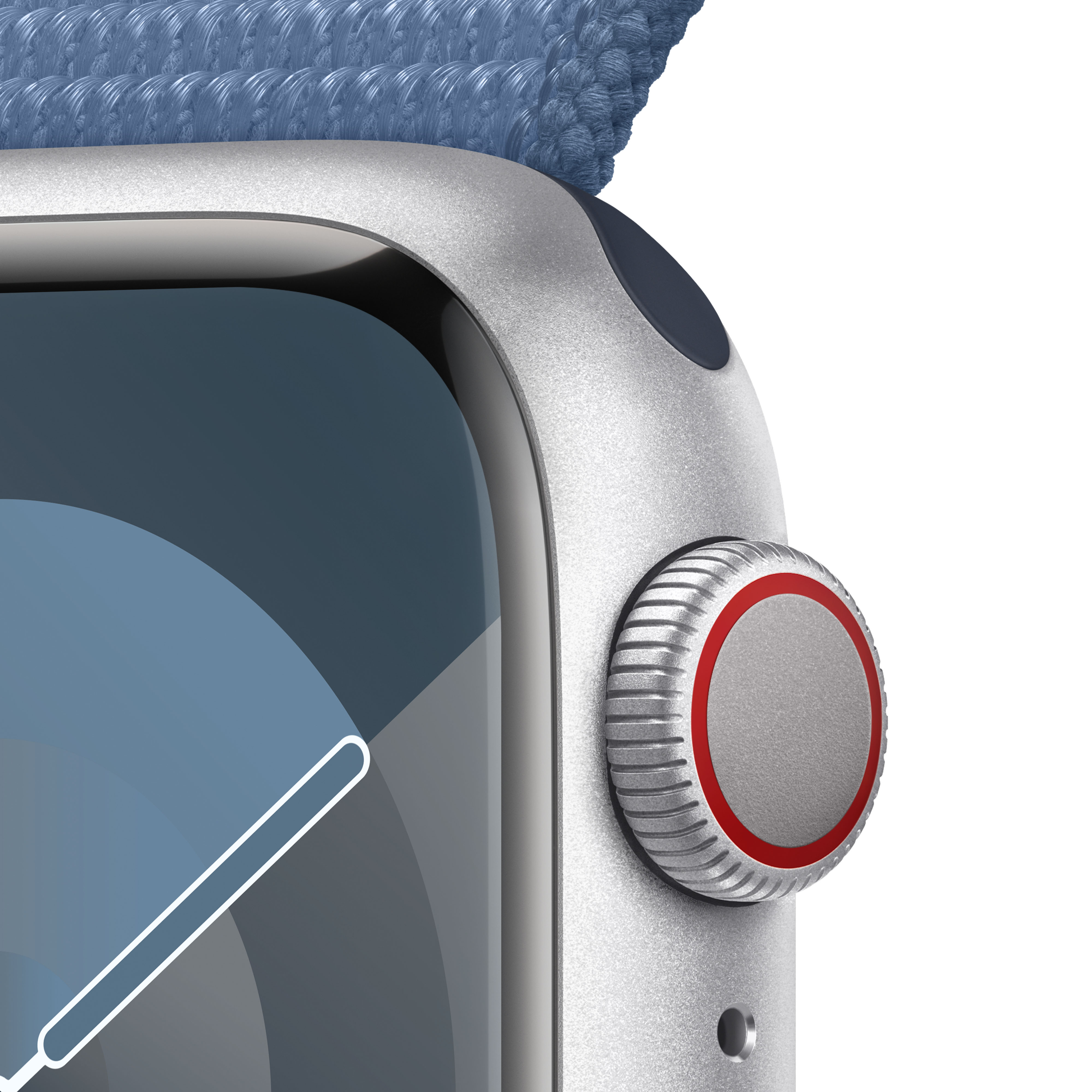 Primer plano de un Apple Watch, mostrando el lateral con la corona digital y una correa de tela azul.