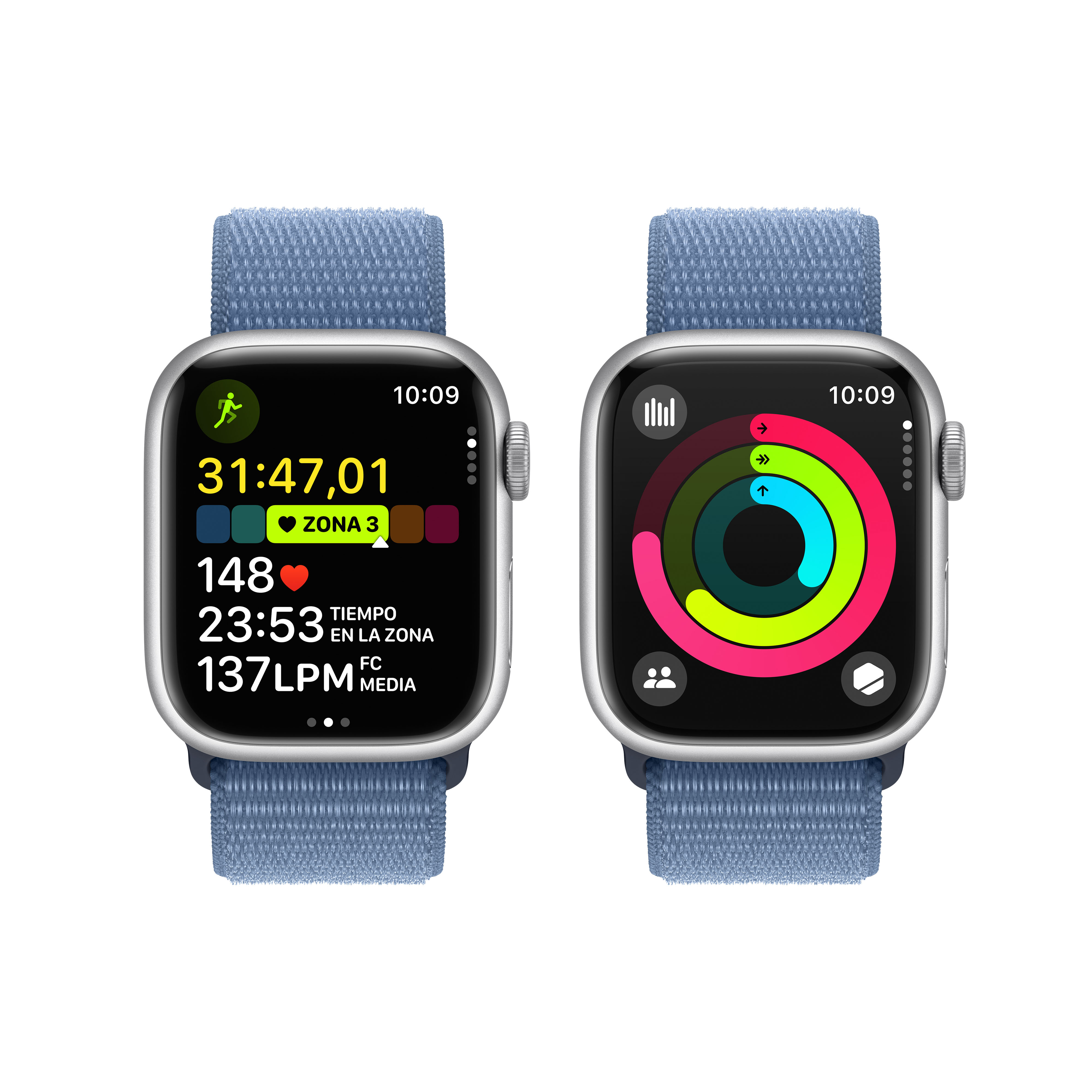 Dos smartwatches lado a lado, mostrando métricas de actividad y gráficos de progreso circulares.