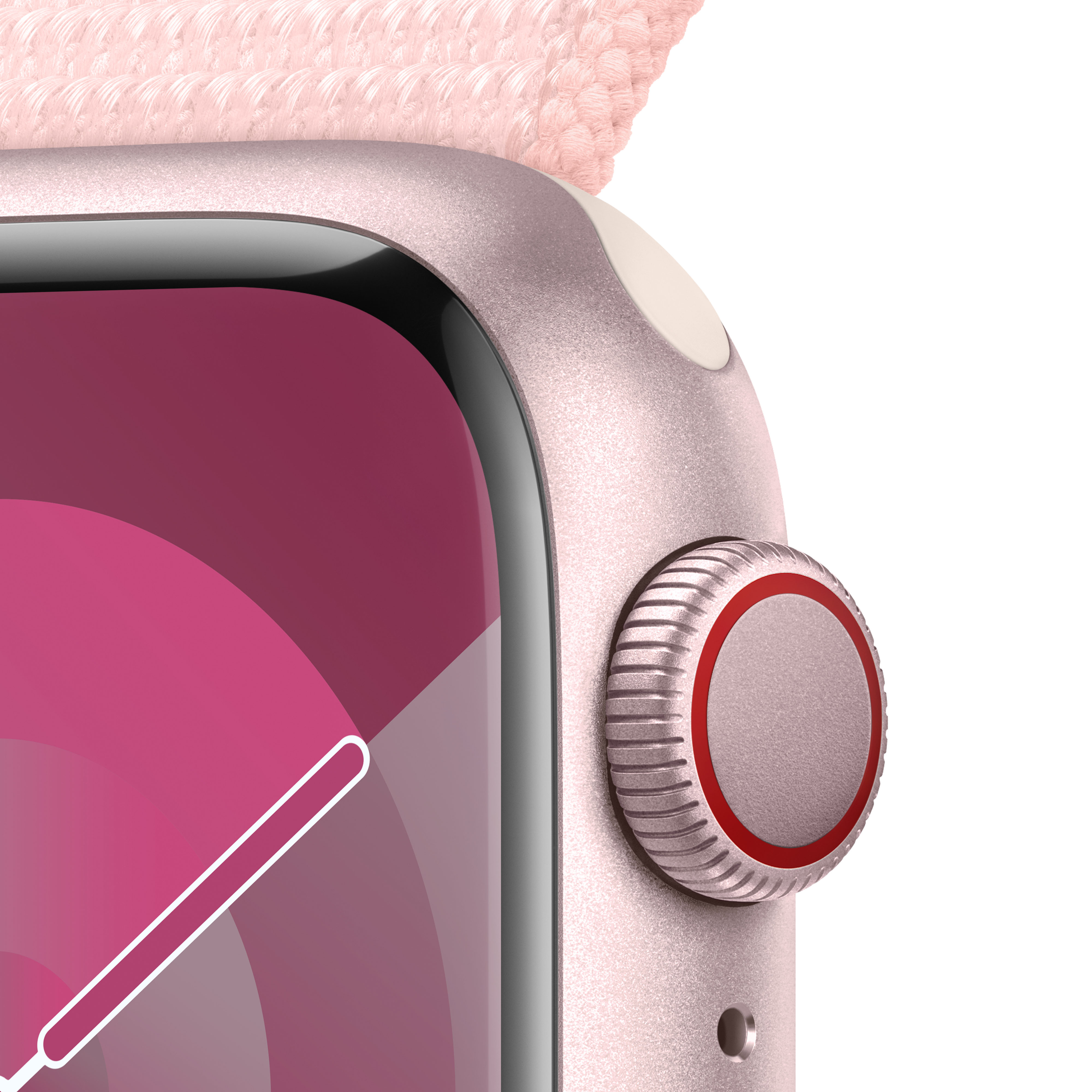 Detalle del Apple Watch. Primer plano del reloj. Correa rosa y esfera roja.