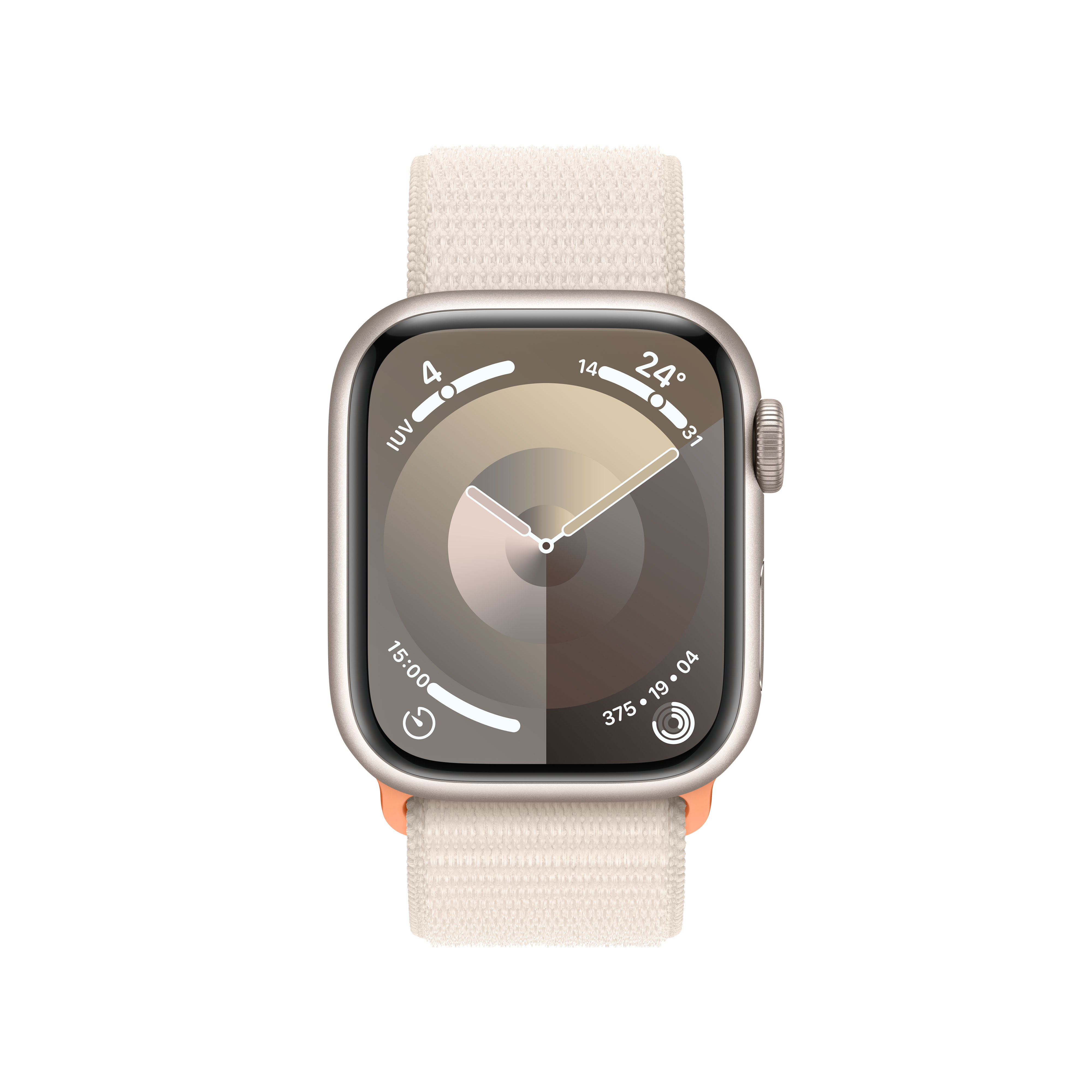 Un Apple Watch con una correa deportiva beige, mostrando una esfera con números y una esfera de color canela.