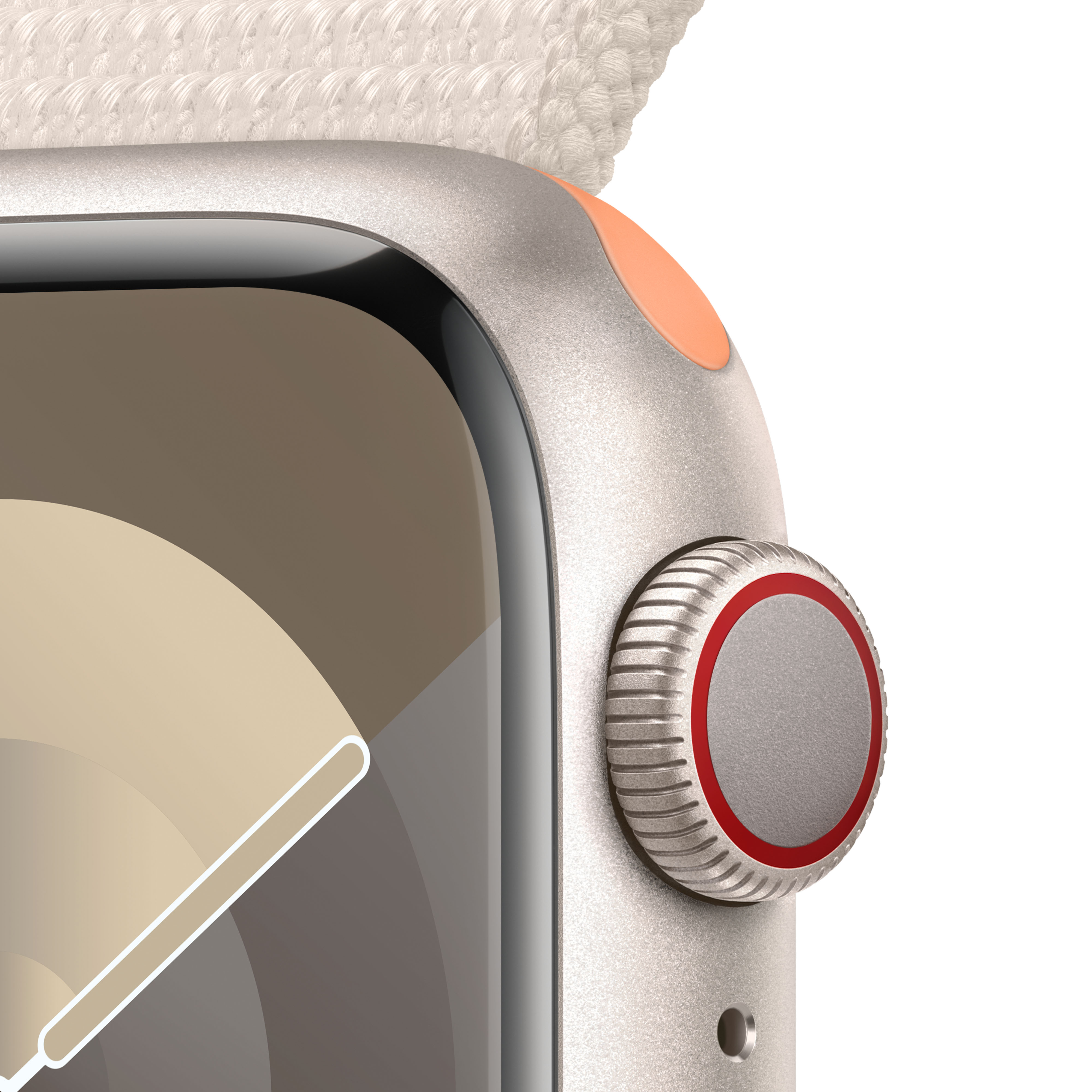 Primer plano de un reloj inteligente plateado con botón naranja y banda blanca, aislado sobre fondo blanco.