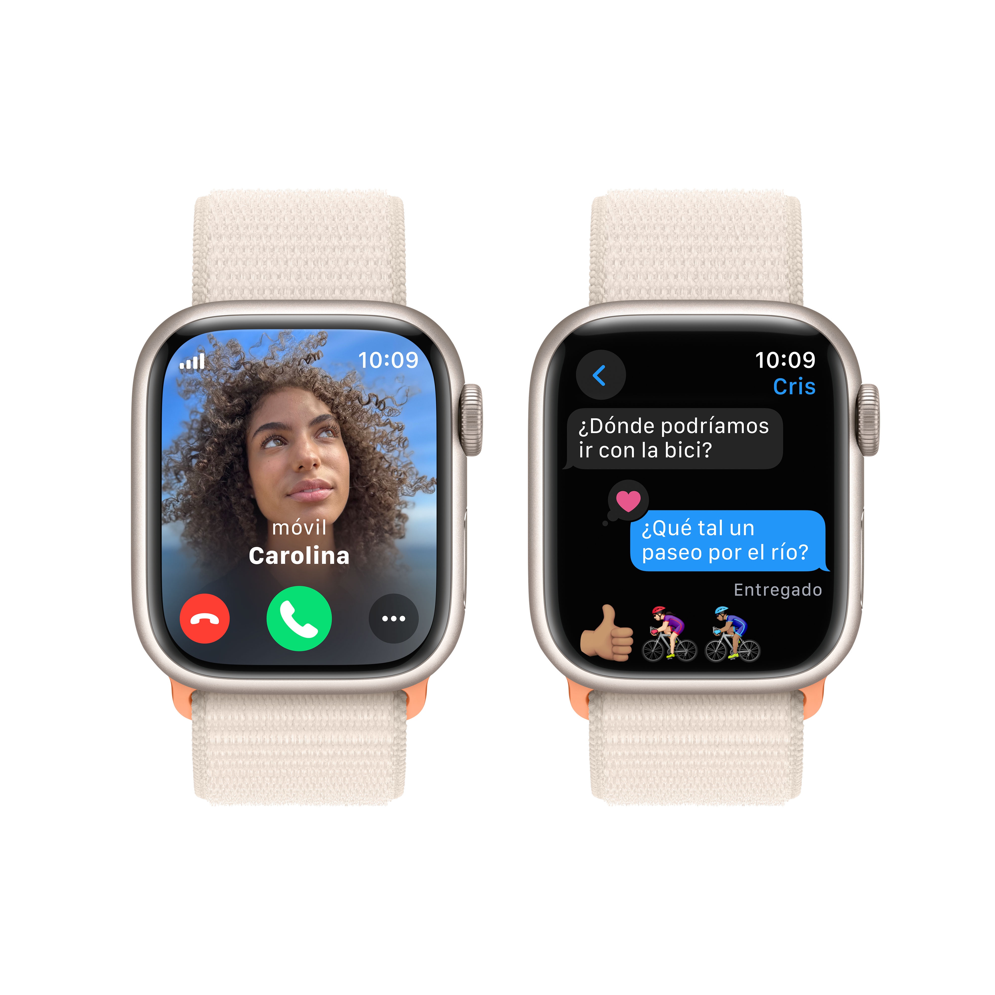 Dos pantallas de Apple Watch que muestran una videollamada y una conversación de texto. El reloj tiene una correa beige.
