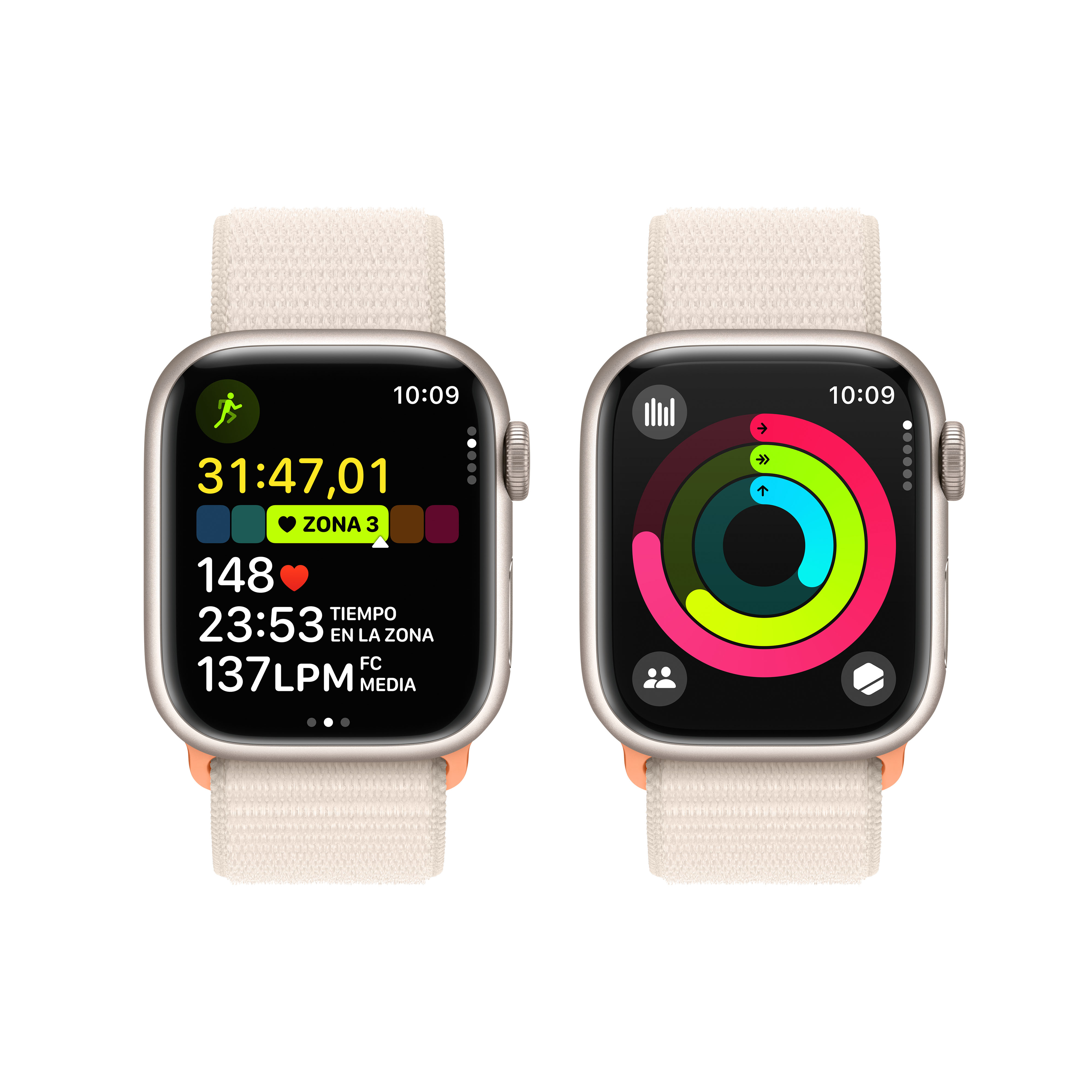 Dos smartwatches lado a lado, mostrando datos de actividad y diferentes métricas en pantalla.