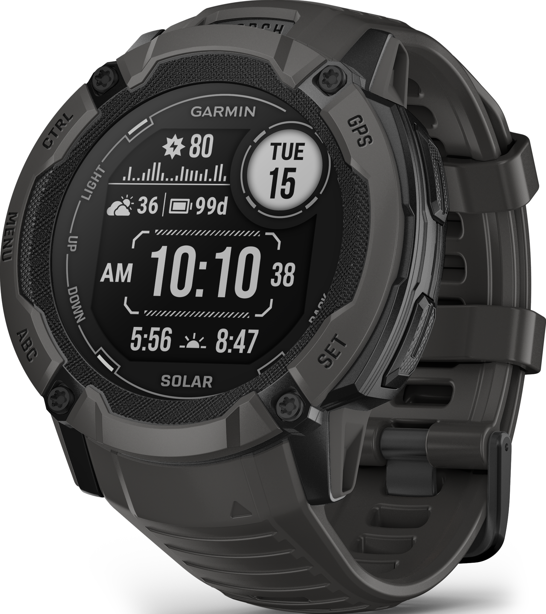 Eine Garmin Smartwatch mit dunkelgrauem Armband, die Zeit- und Aktivitätsdaten auf einem Schwarz-Weiß-Bildschirm anzeigt.