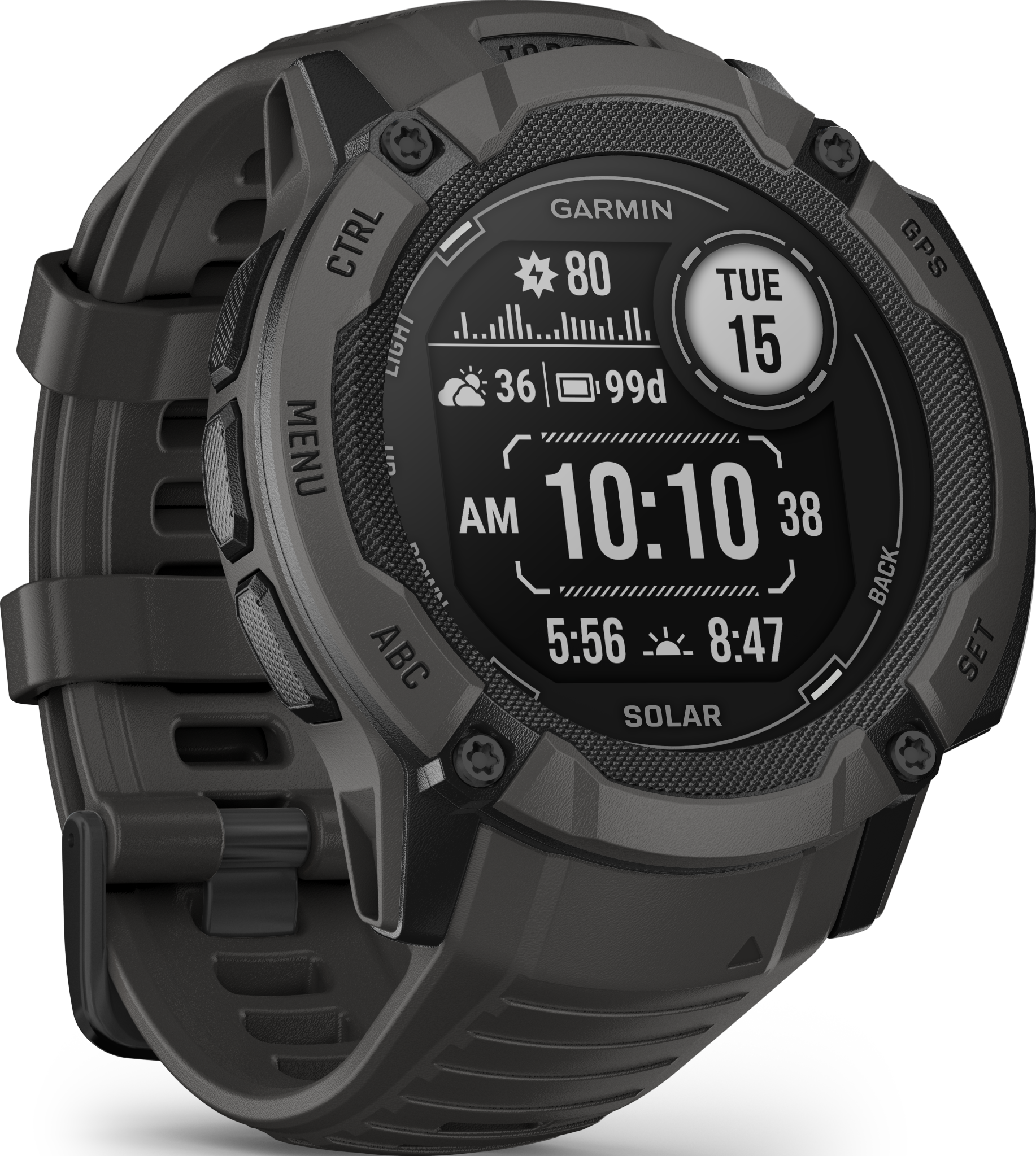 Eine Garmin Instinct Solar Smartwatch. Schwarze Lünette, graues Armband und Digitalanzeige mit Statistiken.