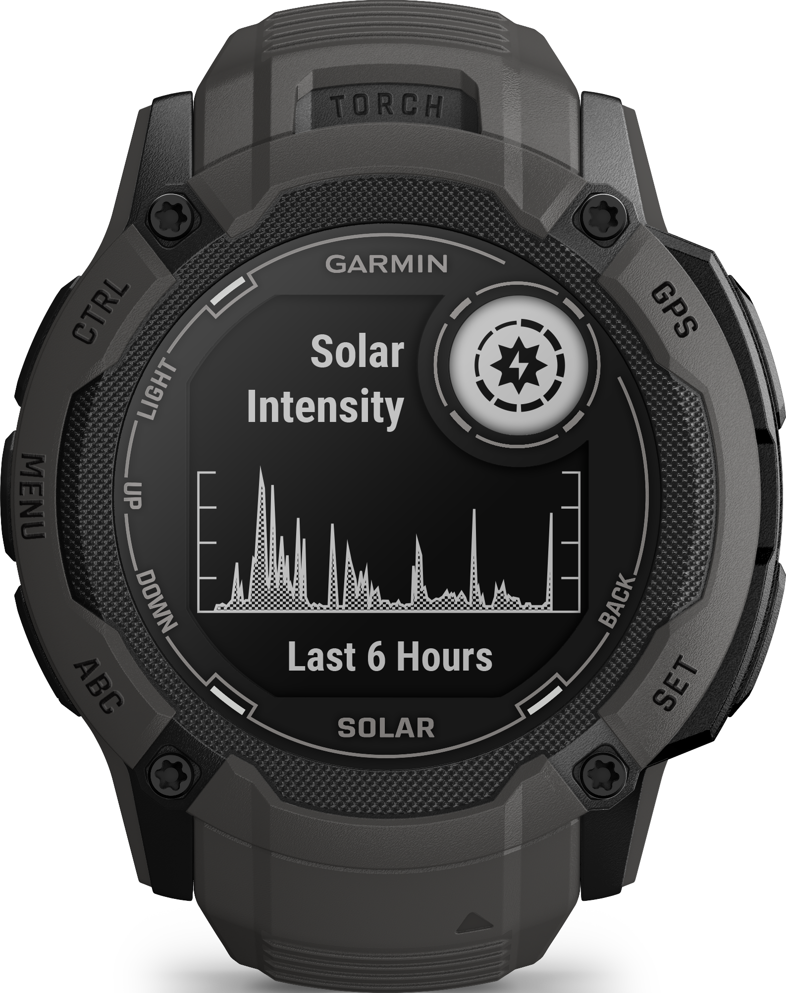 Eine Garmin-Uhr, schwarz und grau, mit einem Display, das Solarenergie-Daten anzeigt.