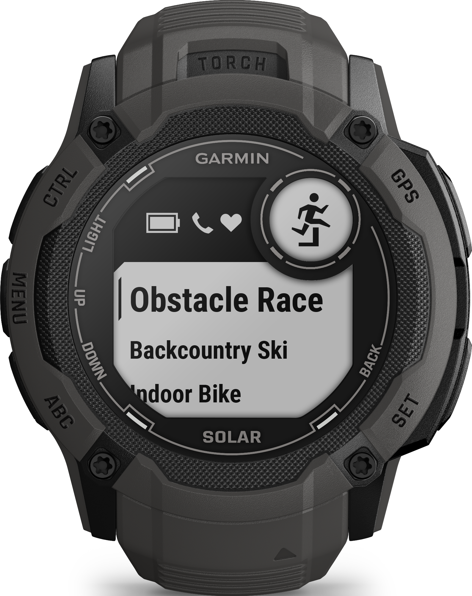 Garmin Uhr mit Hindernisrennen-Option auf dem Bildschirm. Schwarzes und graues Design.