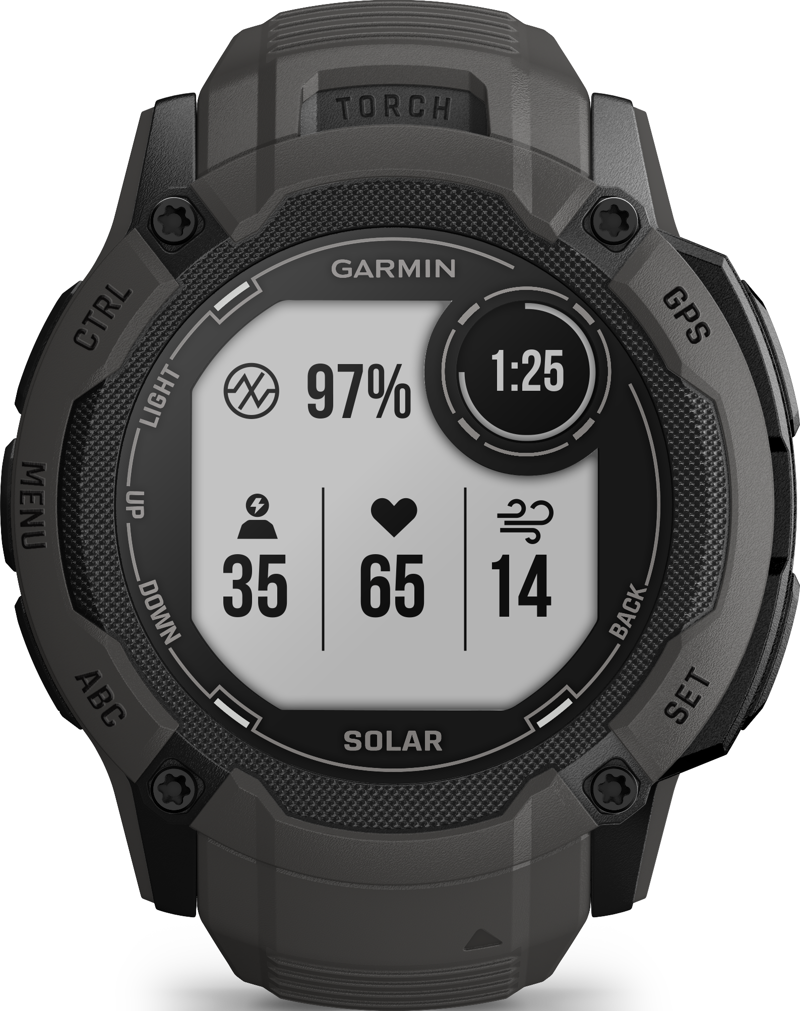 Schwarze Garmin-Uhr mit digitaler Anzeige, die Daten wie Akkulaufzeit und Herzfrequenz zeigt.