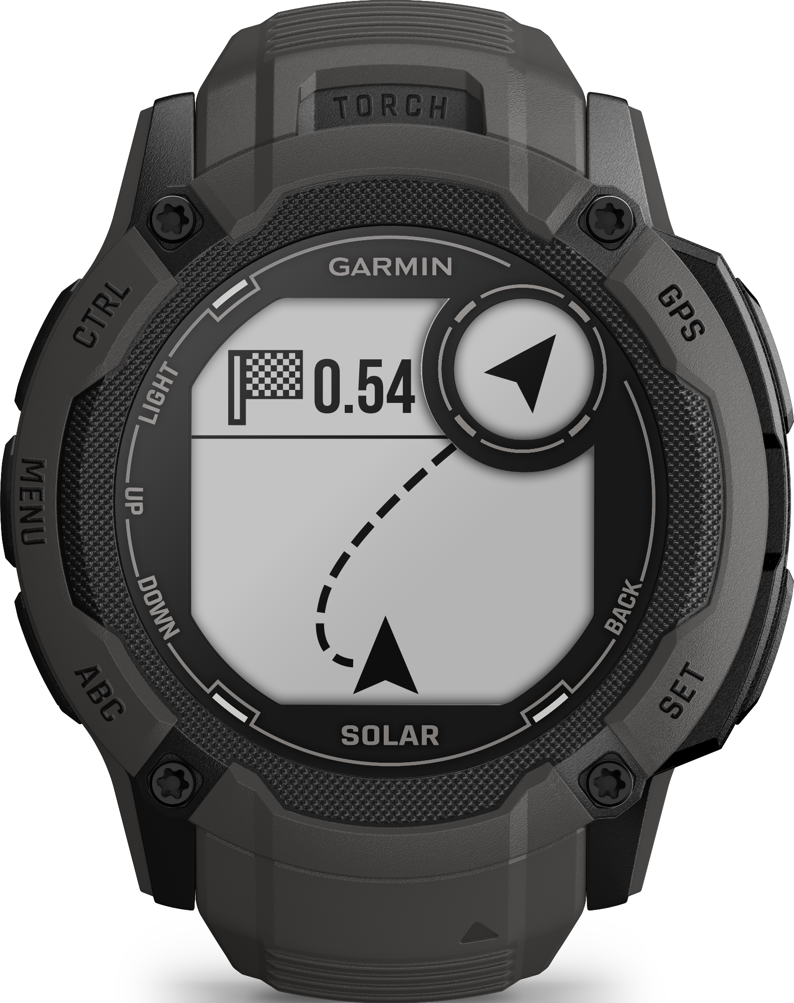 Garmin-Uhr mit schwarzem Armband, zeigt Navigationsdaten und ein Flaggen-Symbol auf dem Bildschirm.