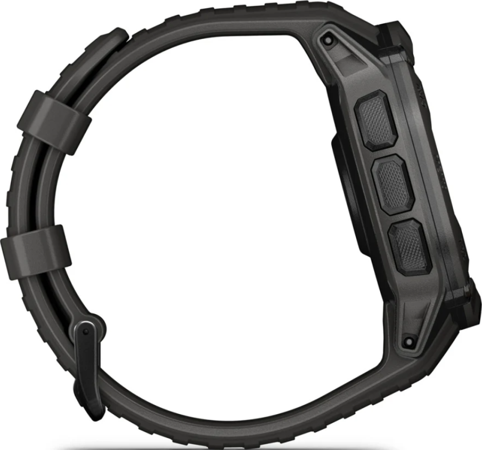 Seitenansicht einer Garmin-Uhr mit schwarzem, robustem Design und dunkelgrauem Armband.