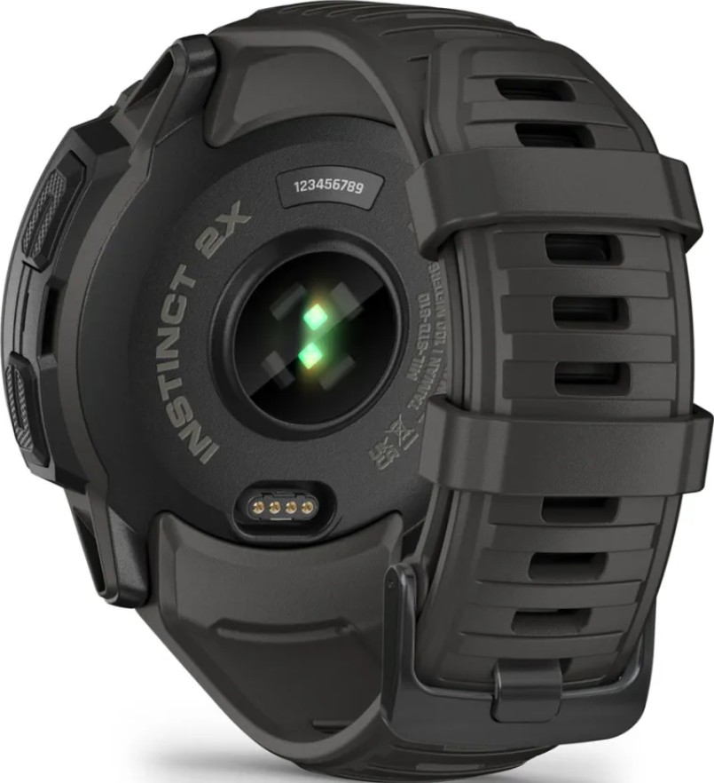 Eine Garmin Instinct 2X Uhr, Rückansicht. Zeigt Sensoren und ein grünes Licht. Schwarze Farbe.