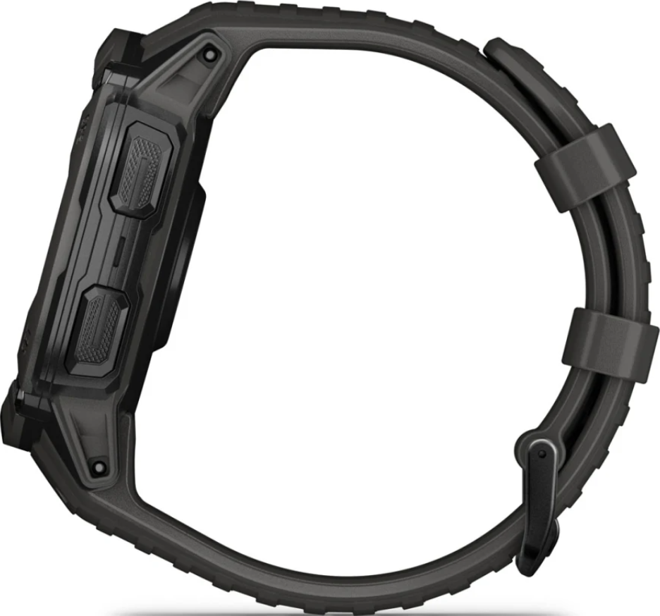 Schwarze Garmin-Uhr, Seitenansicht, mit Knöpfen und Armband.