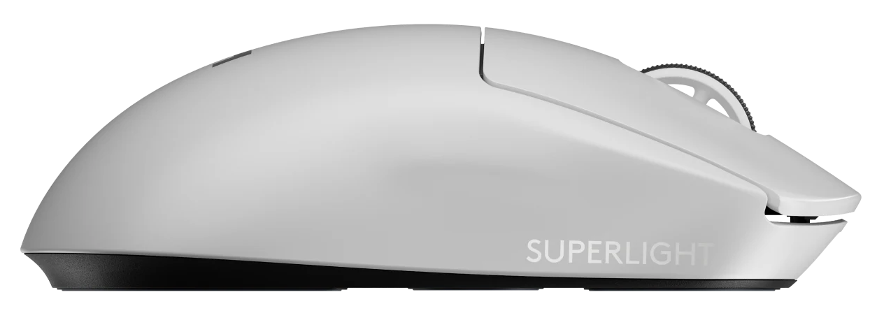 Fehér, ergonomikus számítógépes egér a 'SUPERLIGHT' szóval az oldalán.