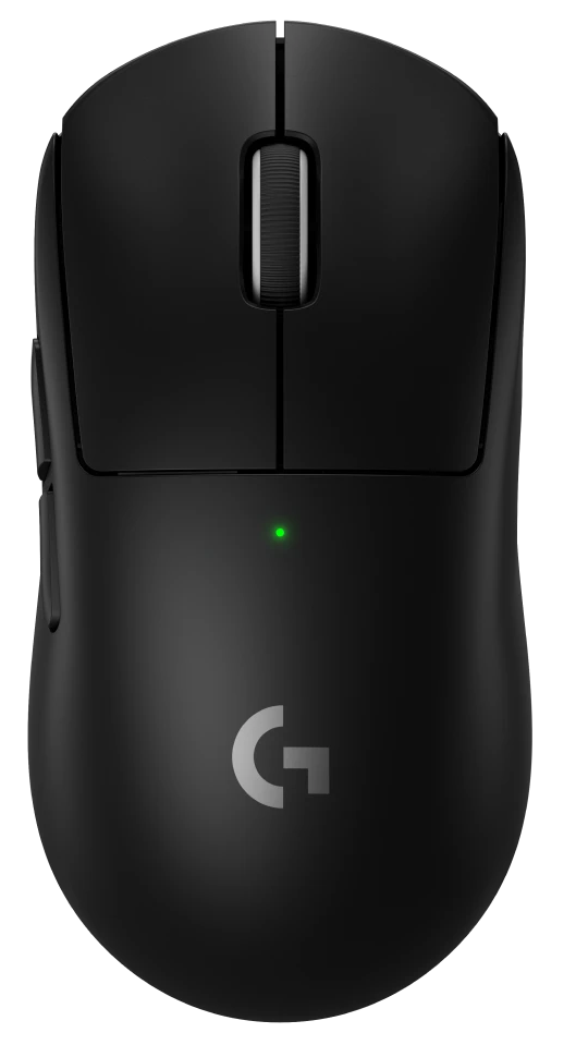 Fekete gamer egér zöld fényjelzővel és a "G" betűvel az alján, fekete háttér.