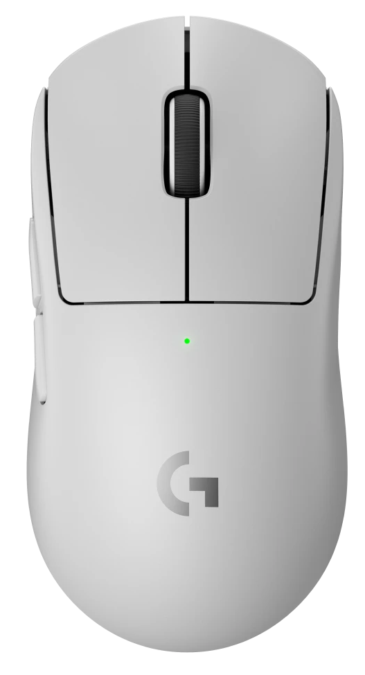 Fehér Logitech egér, középen a logóval és görgetőkerékkel.