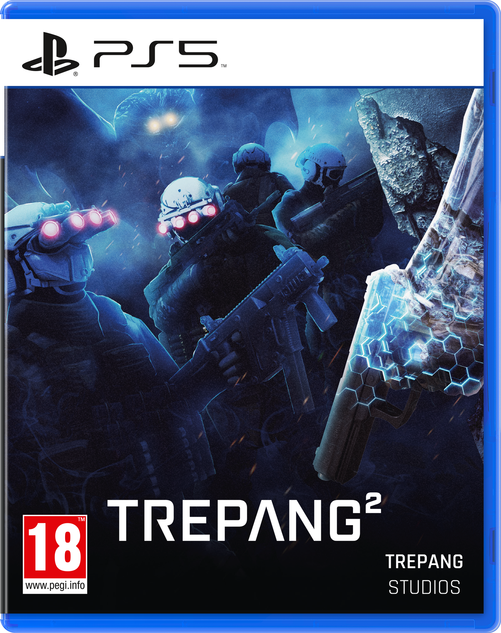 Jaquette de jeu PS5: Soldats armés et un monstre. Le titre est Trepang2.
