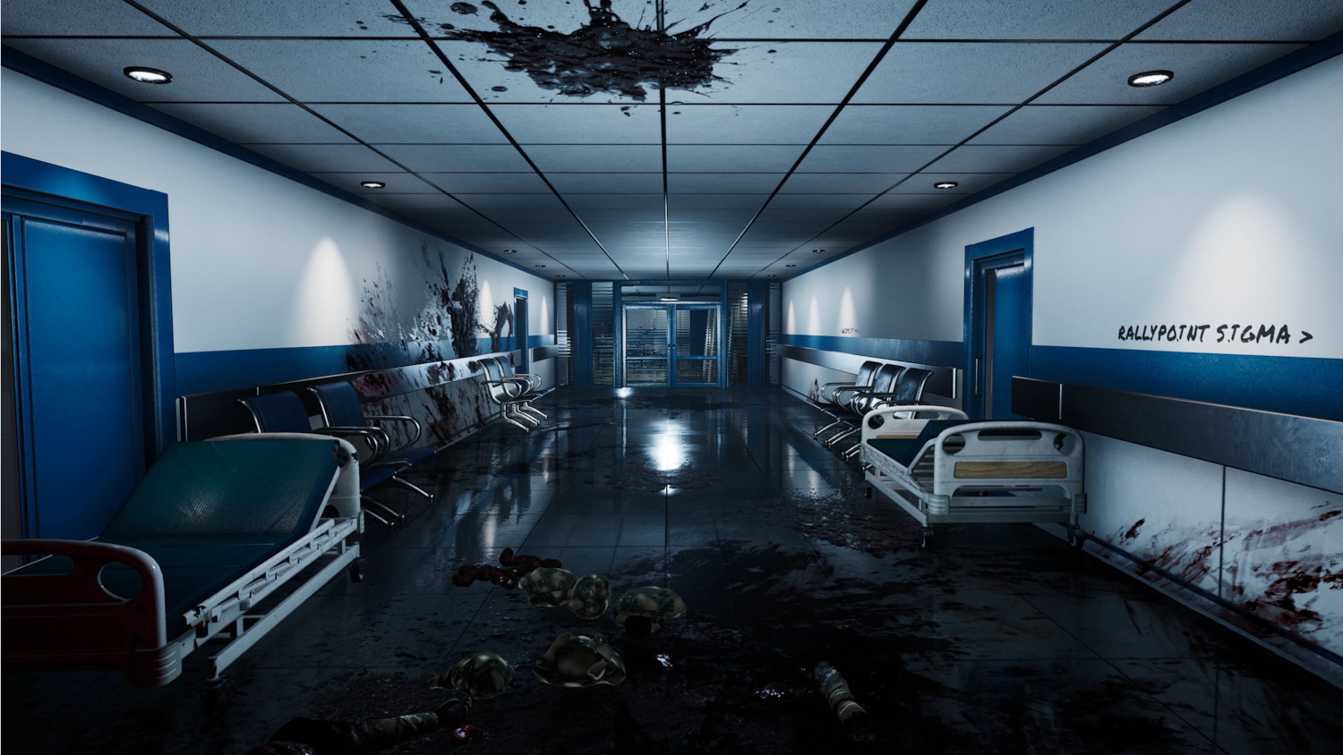 Un couloir d'hôpital avec des lits, des éclaboussures de sang et une pancarte indiquant Rallypoint Stigma.