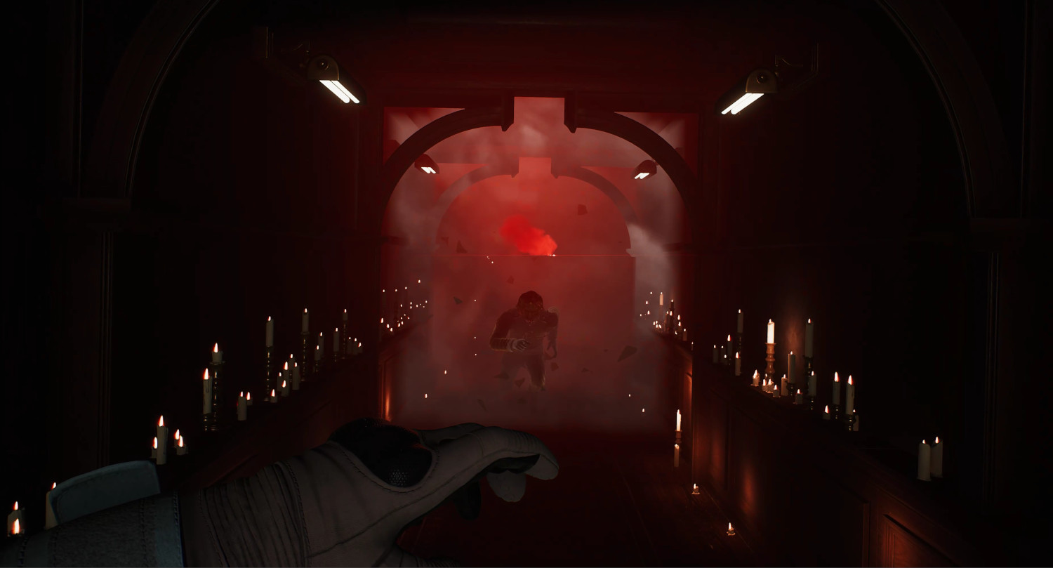 Une pièce sombre avec des bougies, une personne et une explosion rouge.