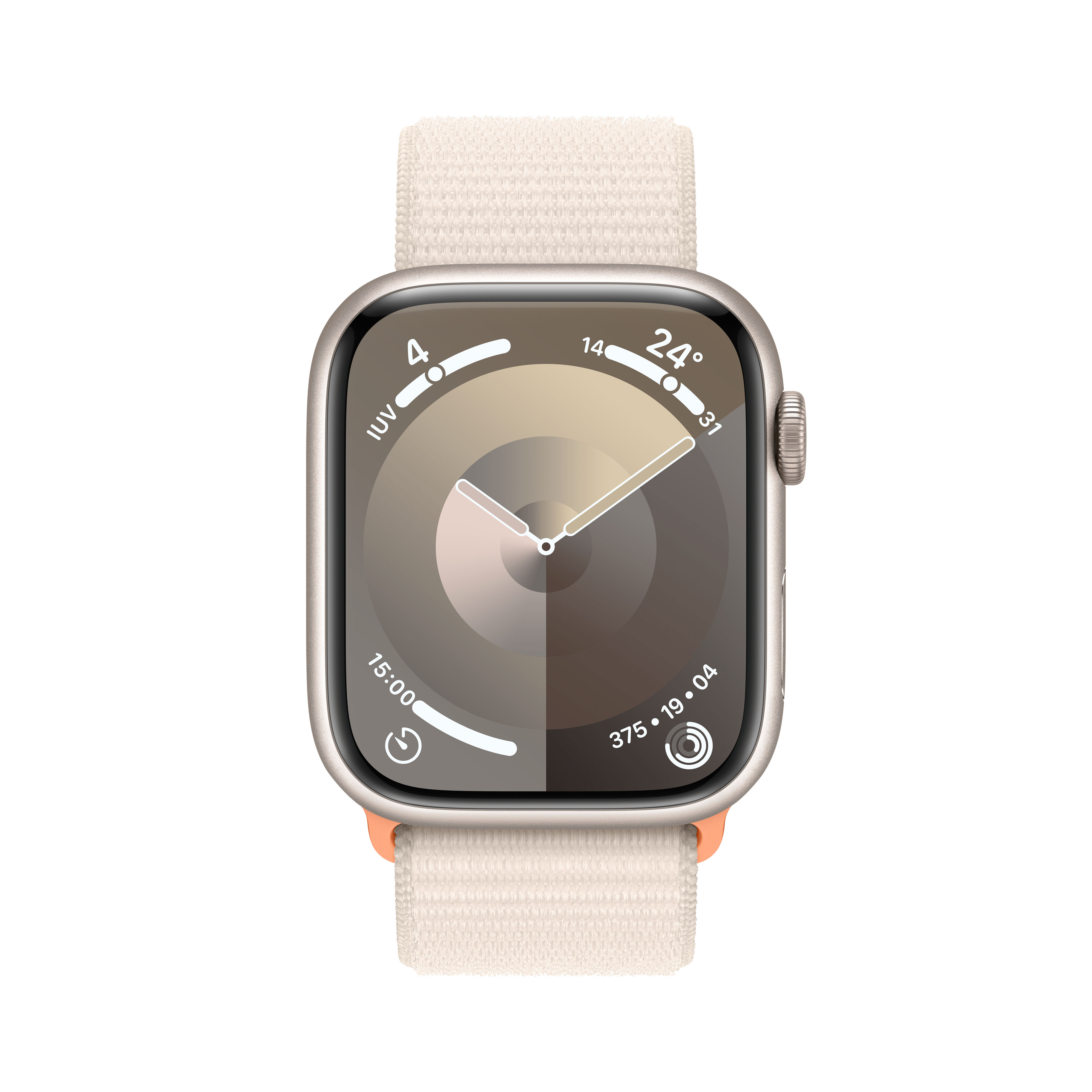 Un Apple Watch con una correa de color claro, que muestra una esfera de reloj con números y una fecha.