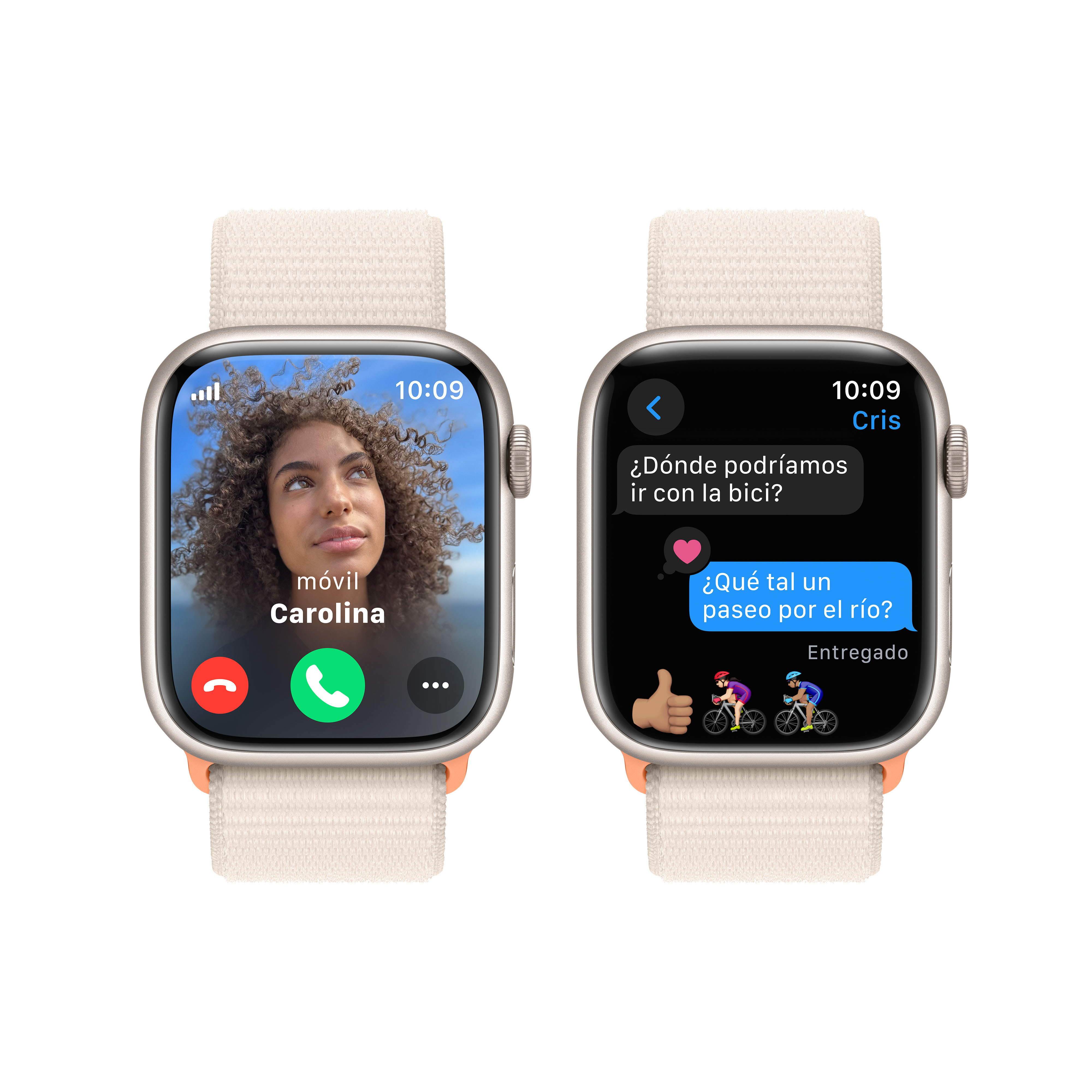 Dos Apple Watch mostrando videollamadas y mensajes de texto, con una mujer en pantalla y burbujas de chat.