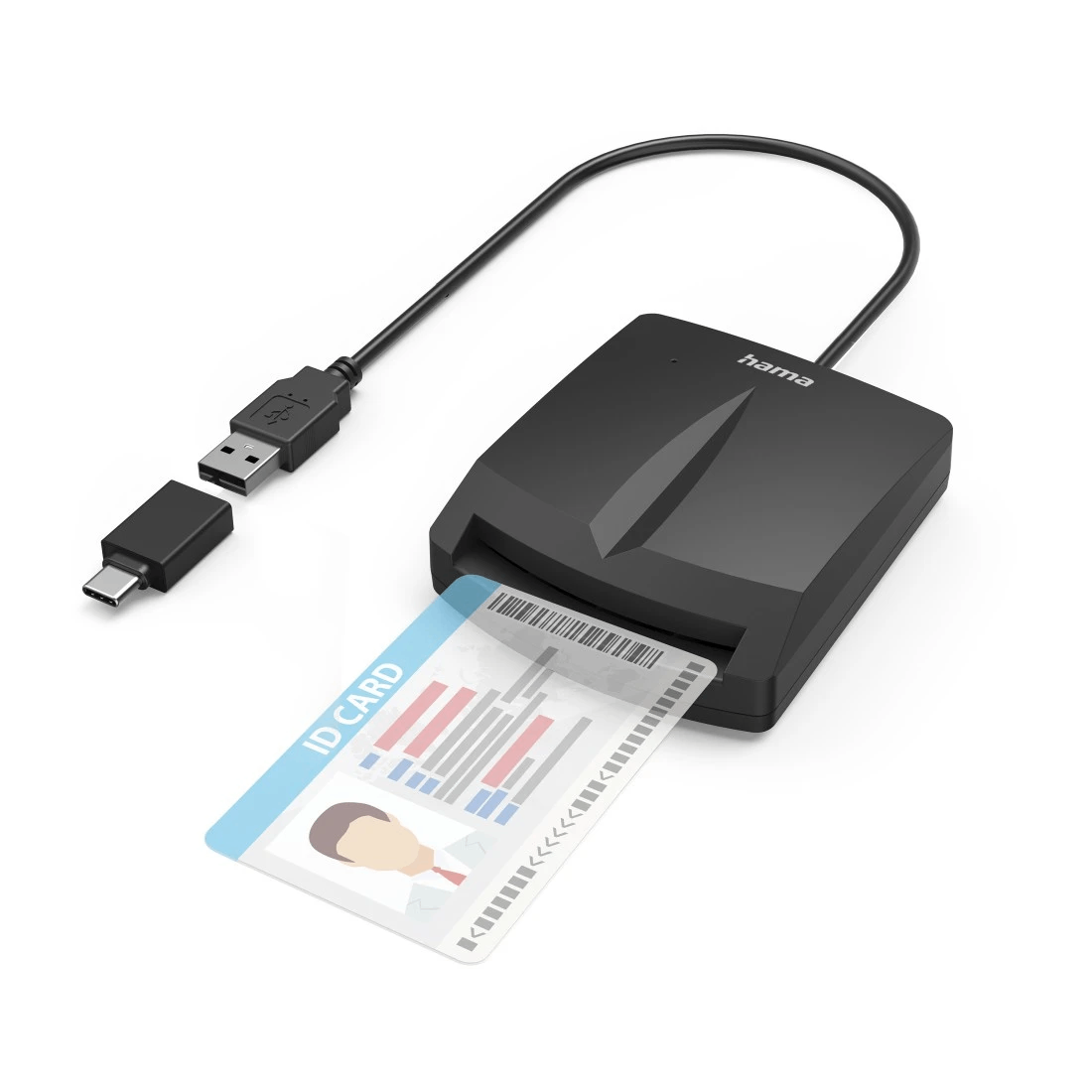 Lector de tarjetas negro con conector USB y adaptador USB-C, con una tarjeta de identificación insertada.