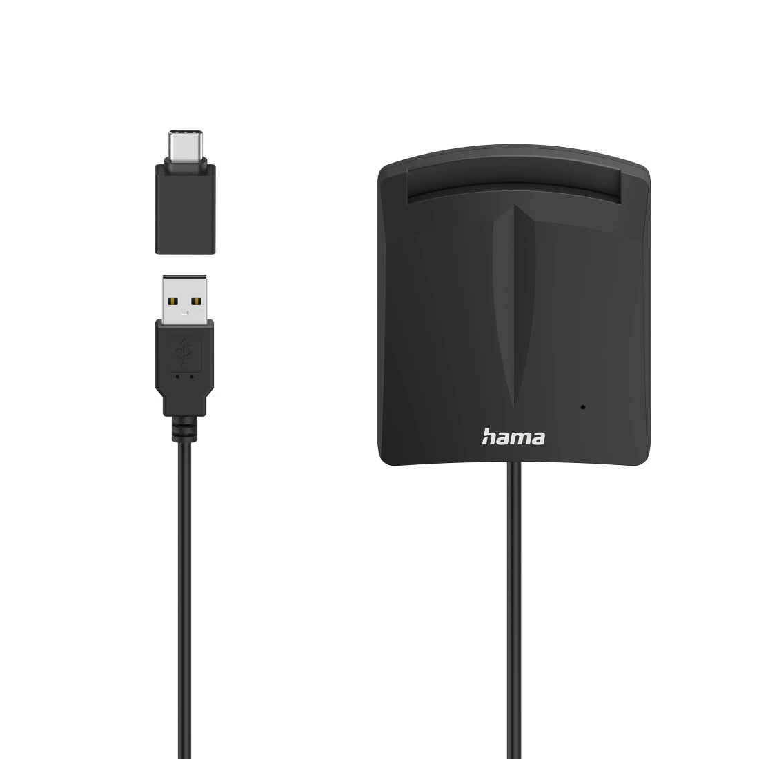 Lector de tarjetas negro con cable conector USB y USB-C. La marca Hama está en el lector de tarjetas.