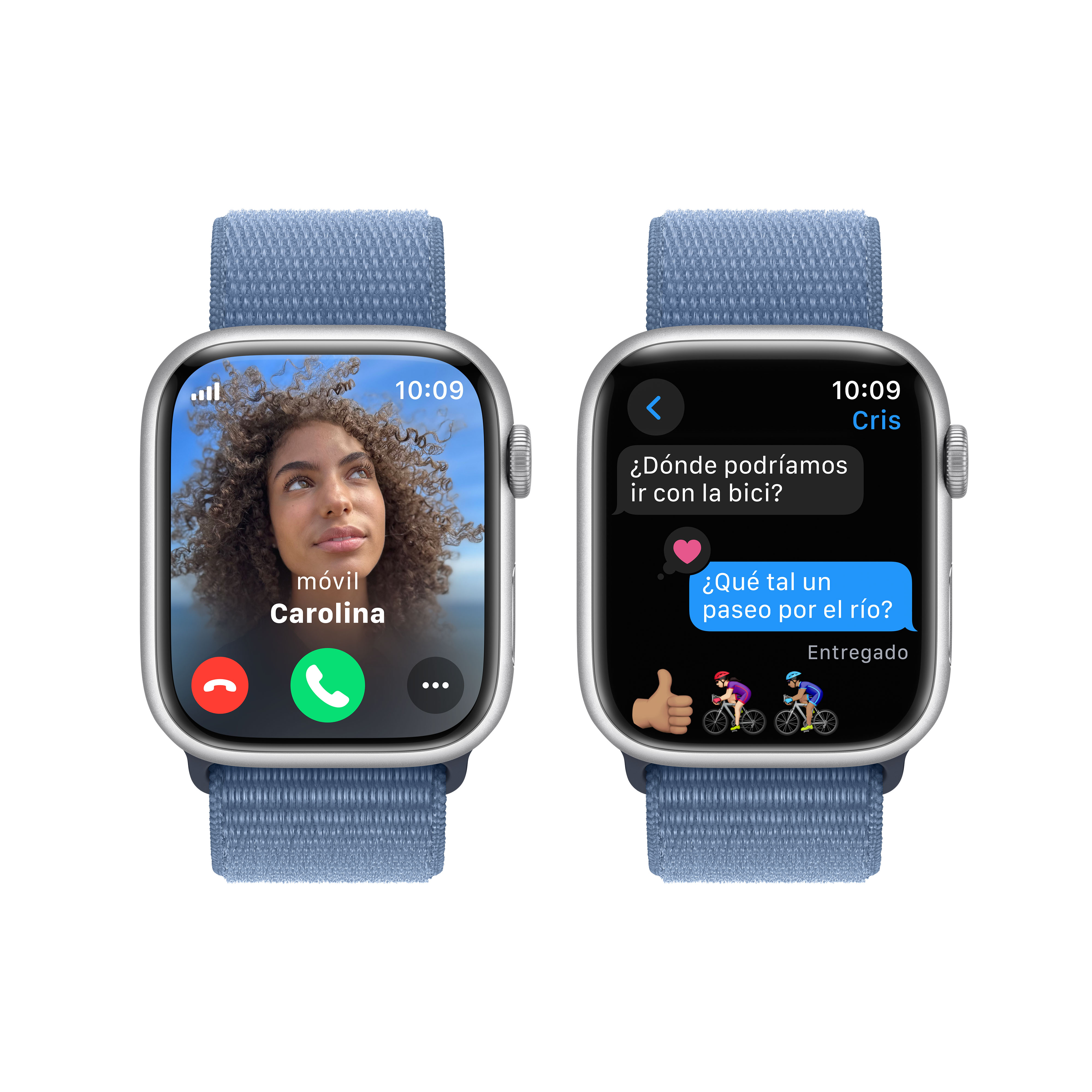 Dos Apple Watch con correas azules y una pantalla de teléfono. Fondo blanco.