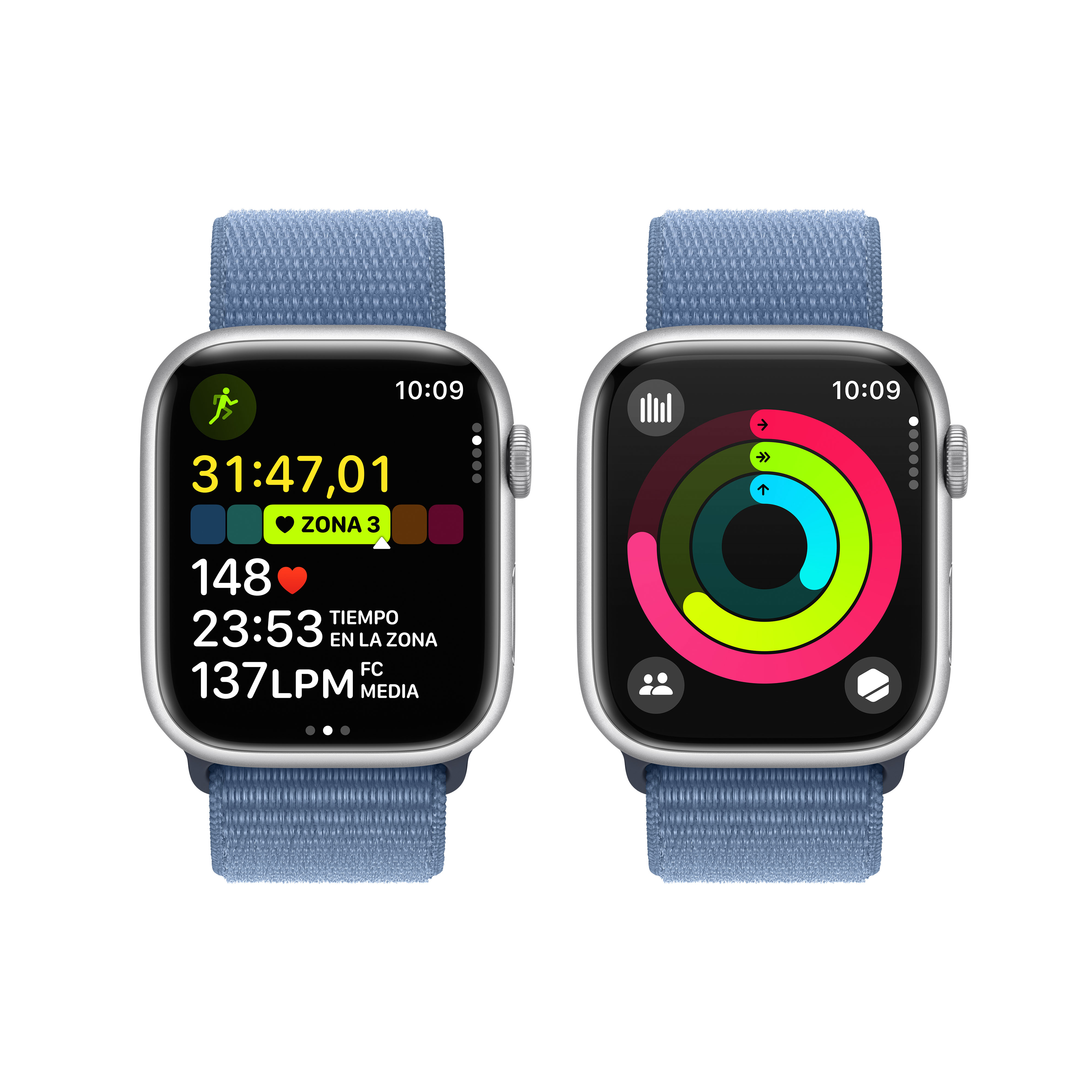 Dos Apple Watches uno al lado del otro. Muestra la hora, anillos de actividad, frecuencia cardíaca y datos de zona 3.