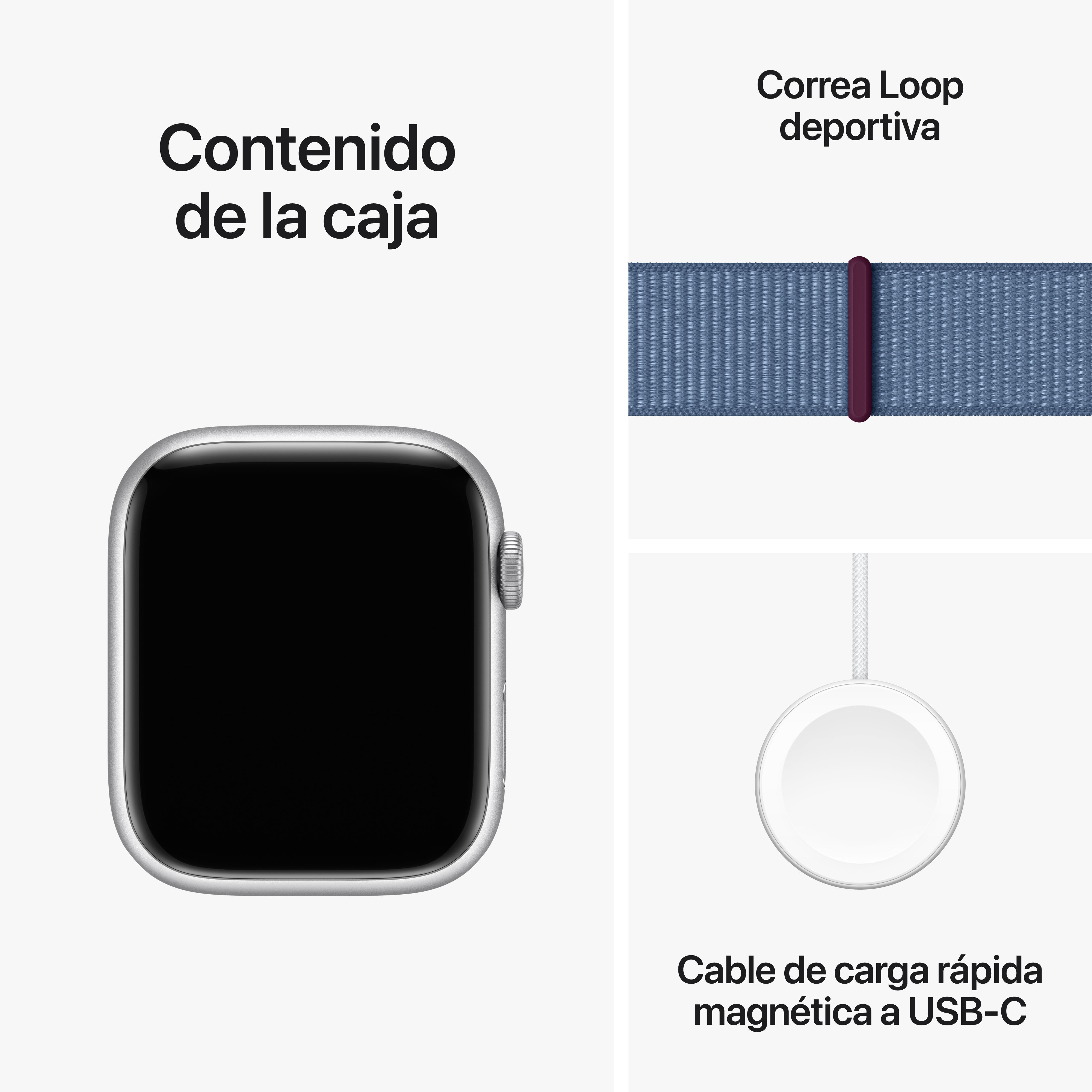Componentes de smartwatch: reloj, correa y cargador sobre fondo blanco, etiquetas de texto.