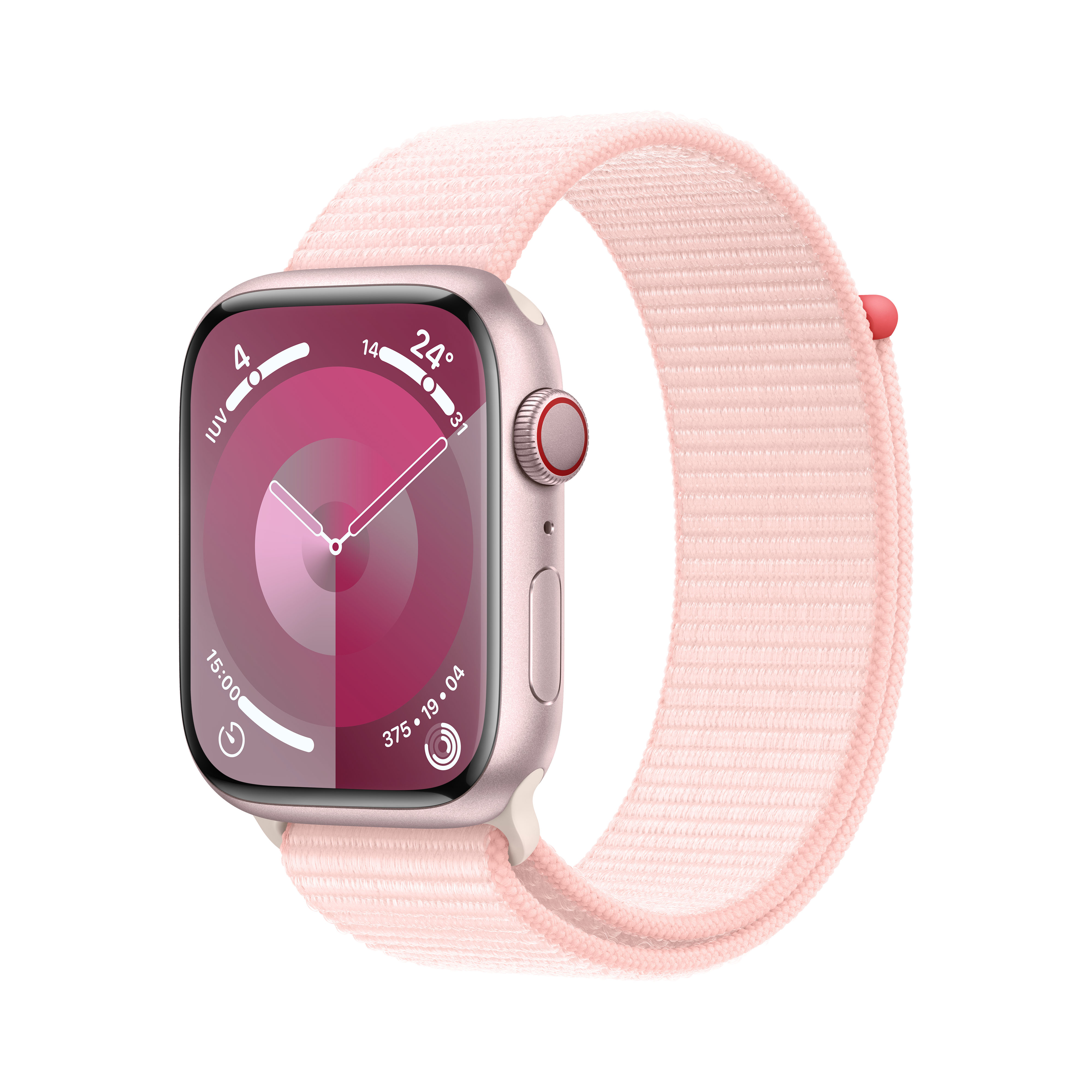 Apple Watch rosa con correa deportiva rosa. La esfera muestra la hora y los anillos de actividad.