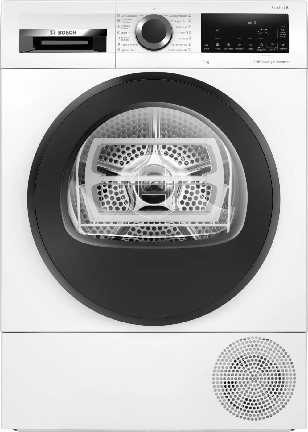 Una secadora blanca de carga frontal con una puerta negra. El panel de control está en la parte superior.
