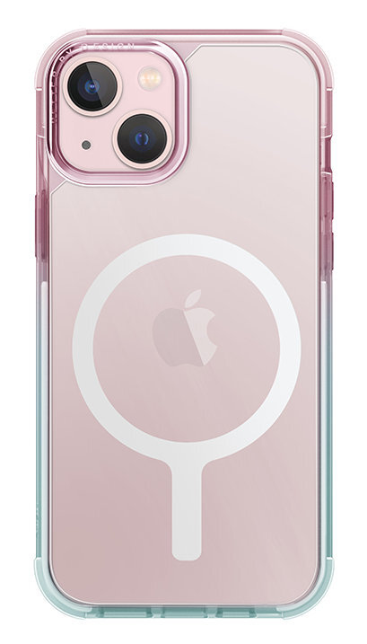 Przezroczyste etui na telefon z różowym wnętrzem i białym okręgiem. Białe tło.