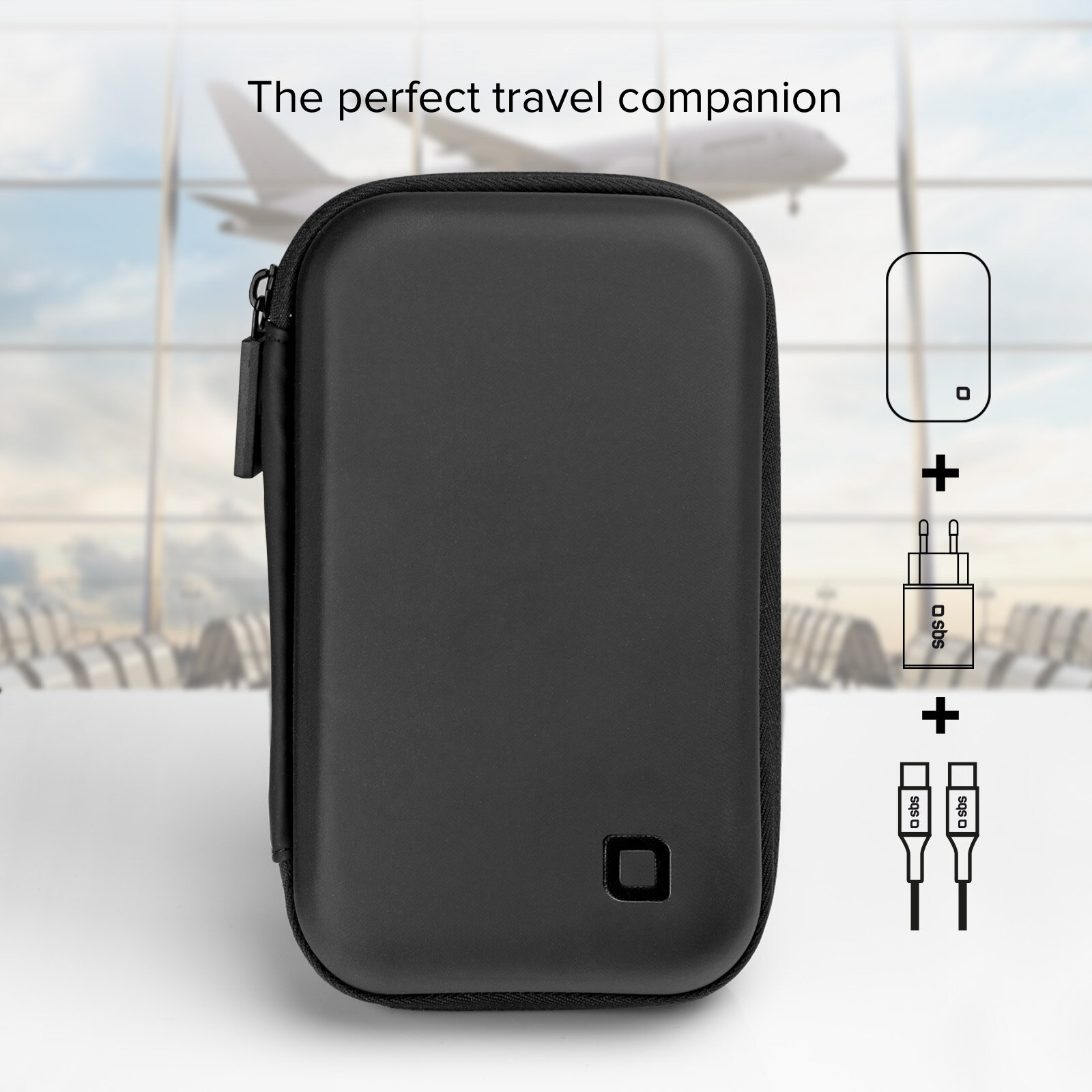 Czarny futerał podróżny z akcesoriami do ładowania.