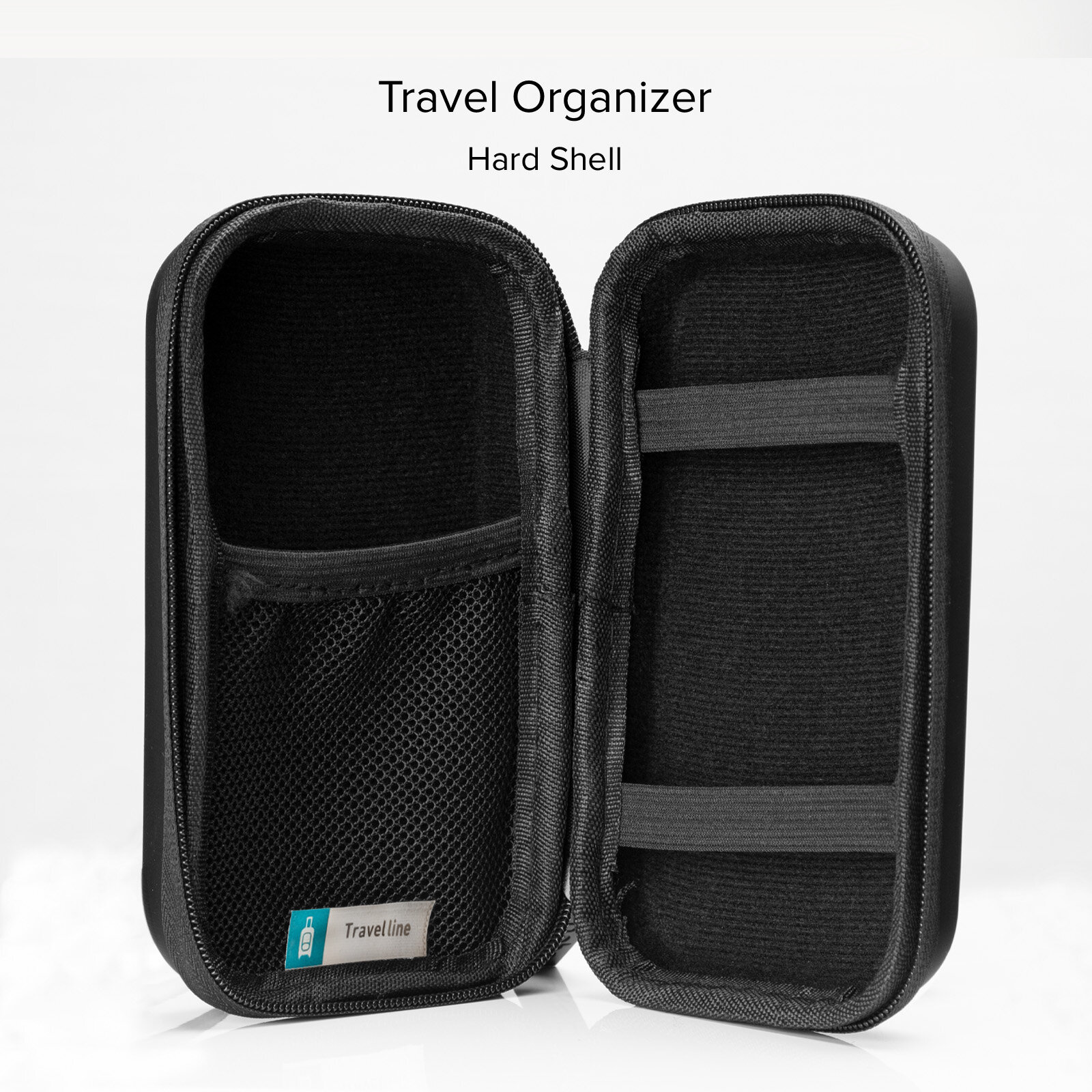 Czarny organizer podróżny, otwarty, ukazujący przegródki. Wewnątrz kieszeń z siatki i elastyczne paski.