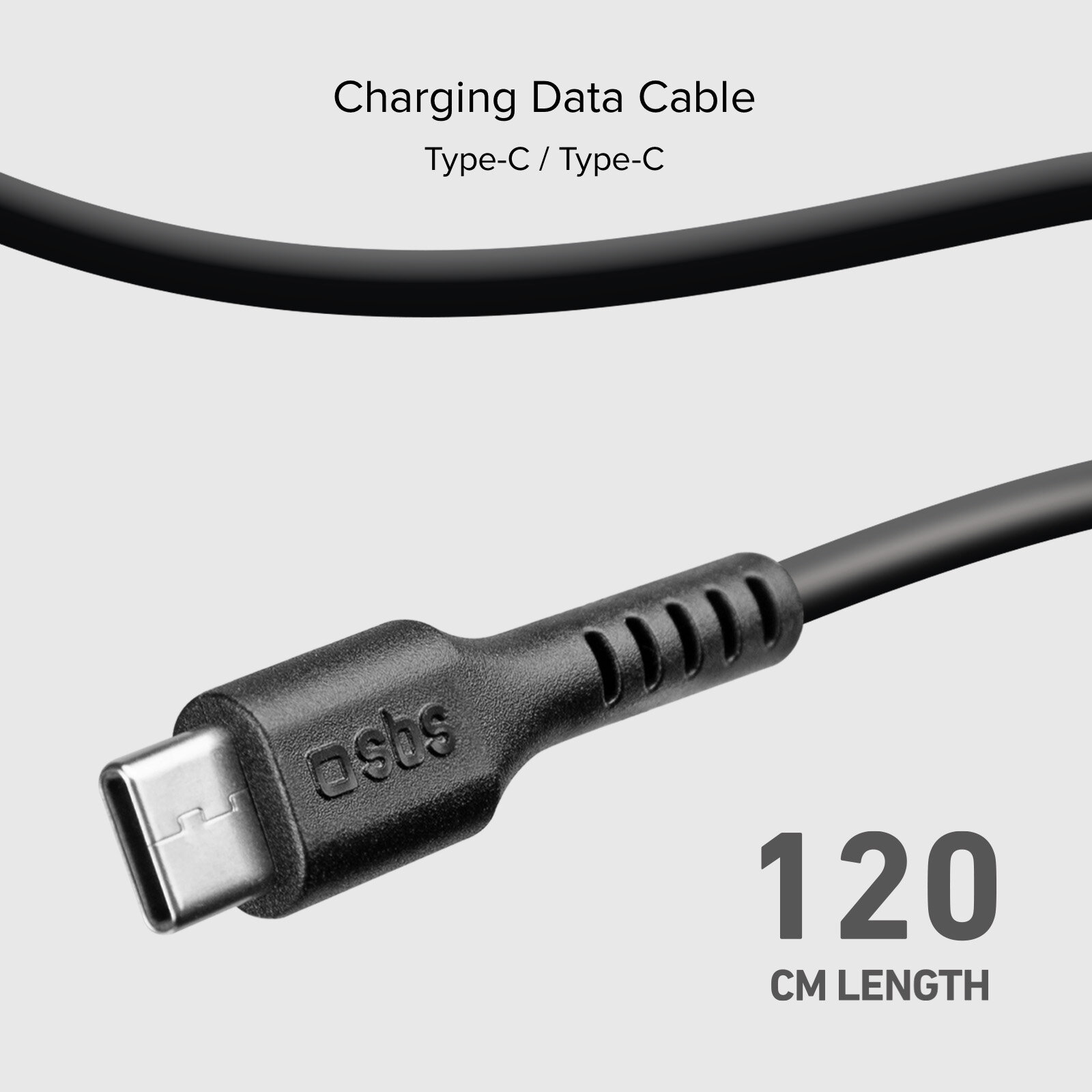 Czarny kabel ładujący z złączami Type-C i długości 120 cm, białe tło, zdjęcie produktu.