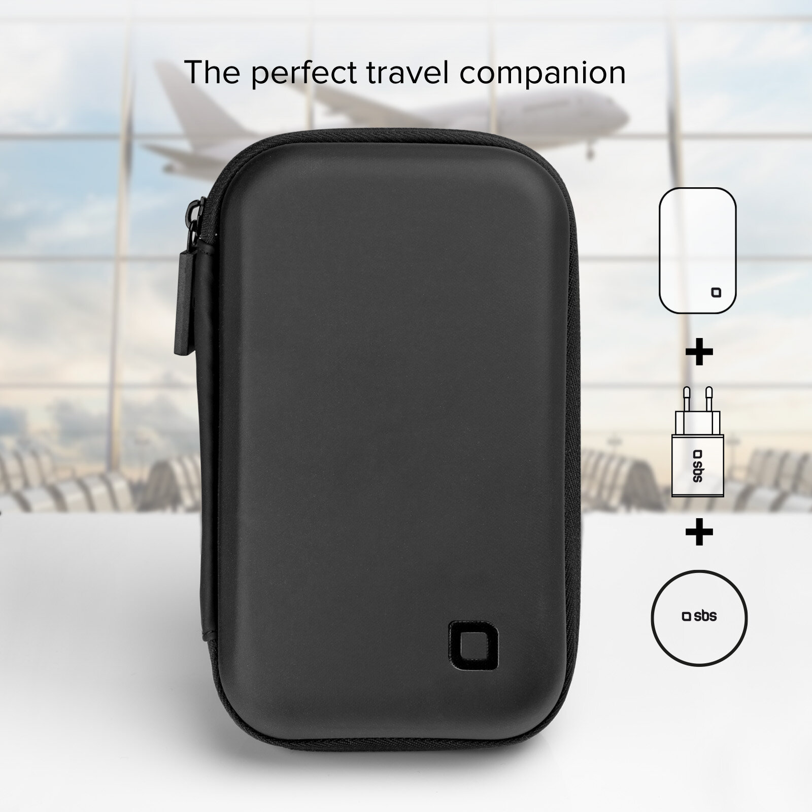 Czarne etui z zamkiem błyskawicznym i ilustracją przedmiotów do ładowania. Samolot w tle.