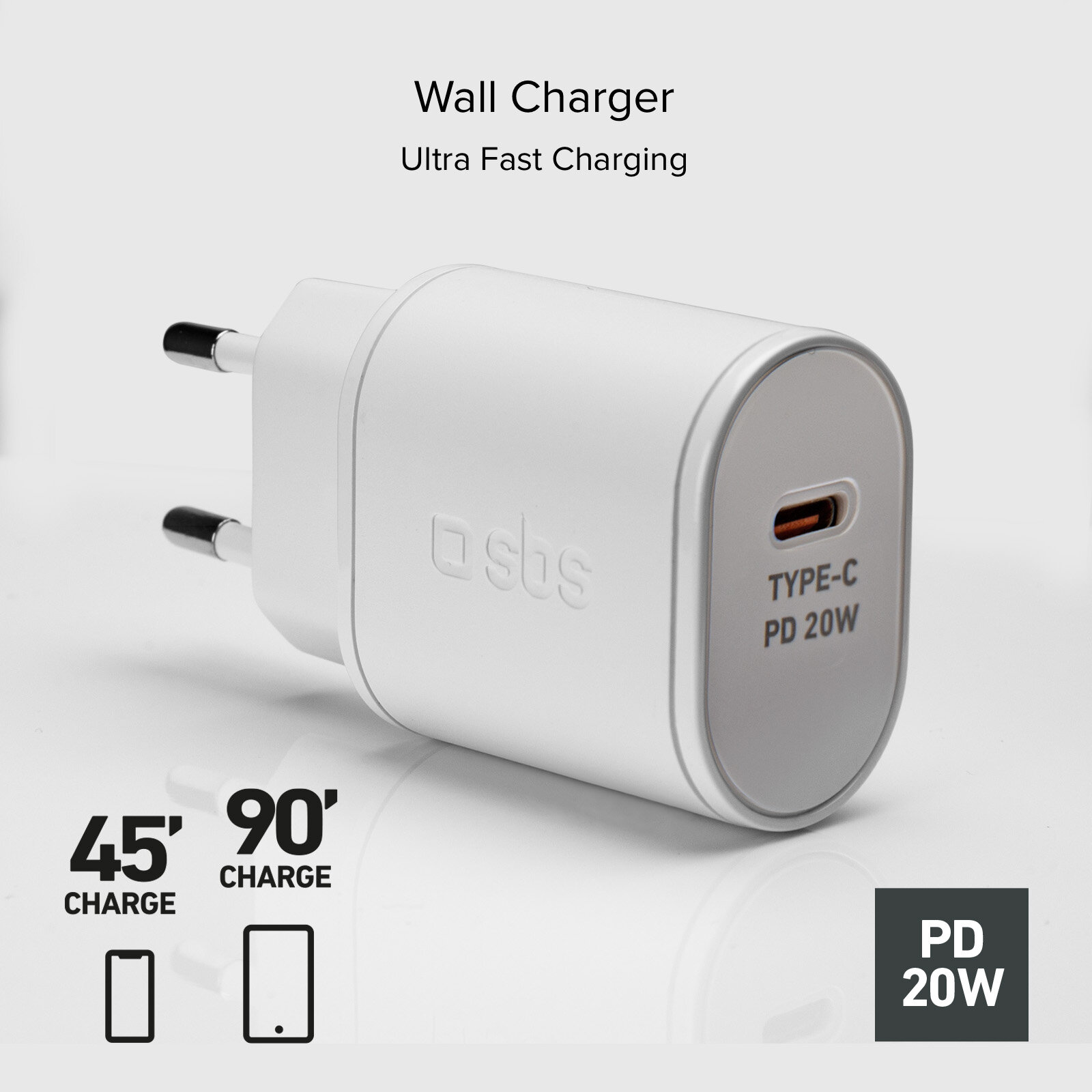 Biała ładowarka ścienna z portem USB-C, oznaczona jako PD 20W, i ikonami ładowania telefonu.