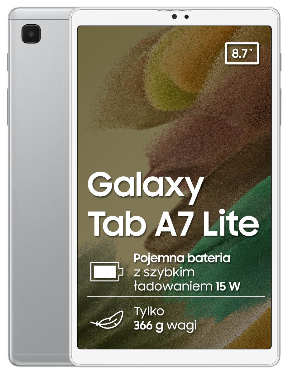Srebrny tablet z czarną ramką i aparatem. Pokazuje tekst w języku polskim. Białe tło.